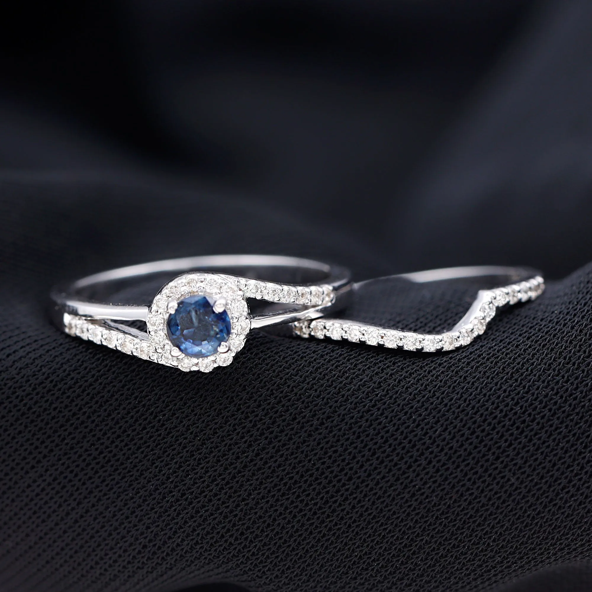 1 CT Bypass Blue Sapphire and Diamond Wedding Ring Set