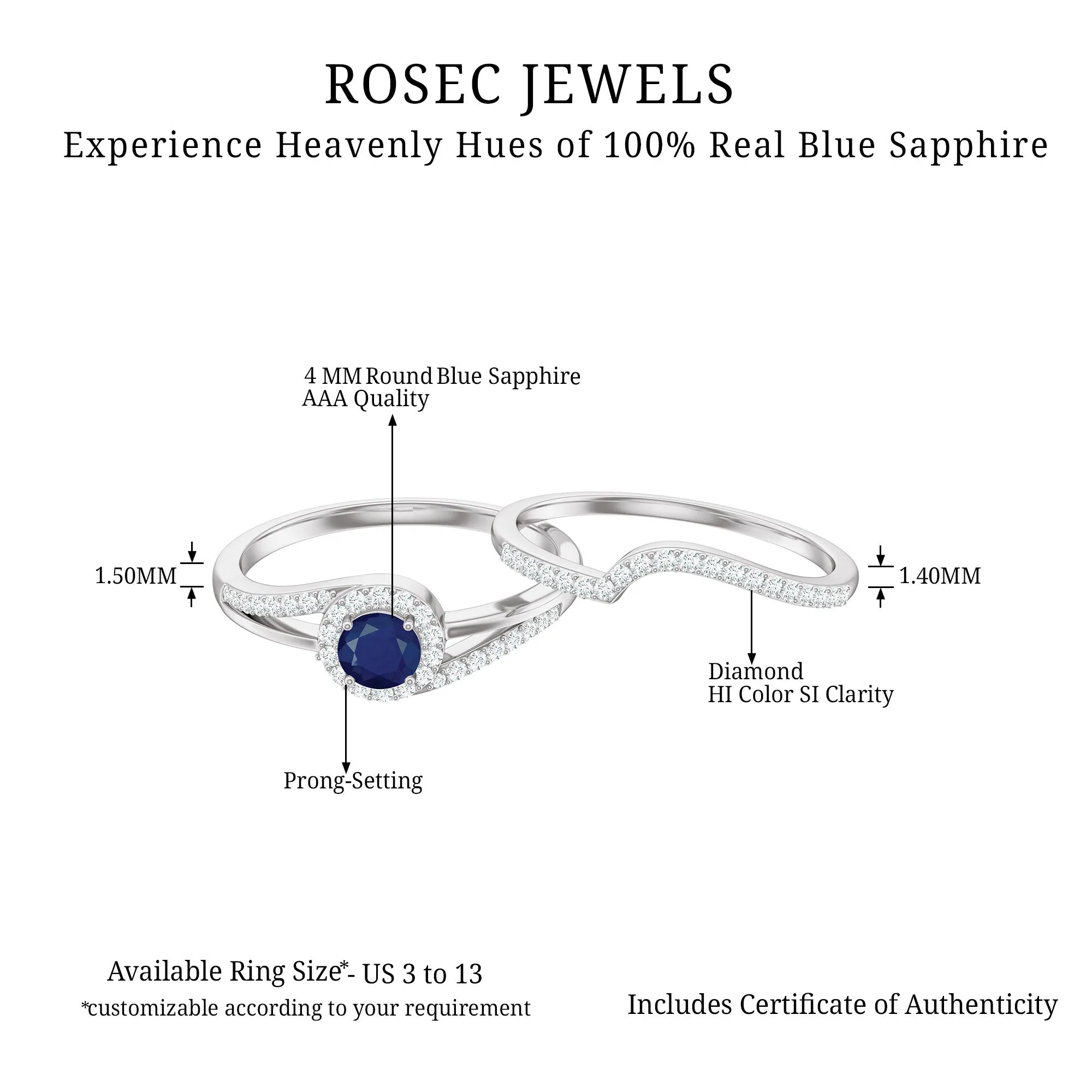 1 CT Bypass Blue Sapphire and Diamond Wedding Ring Set