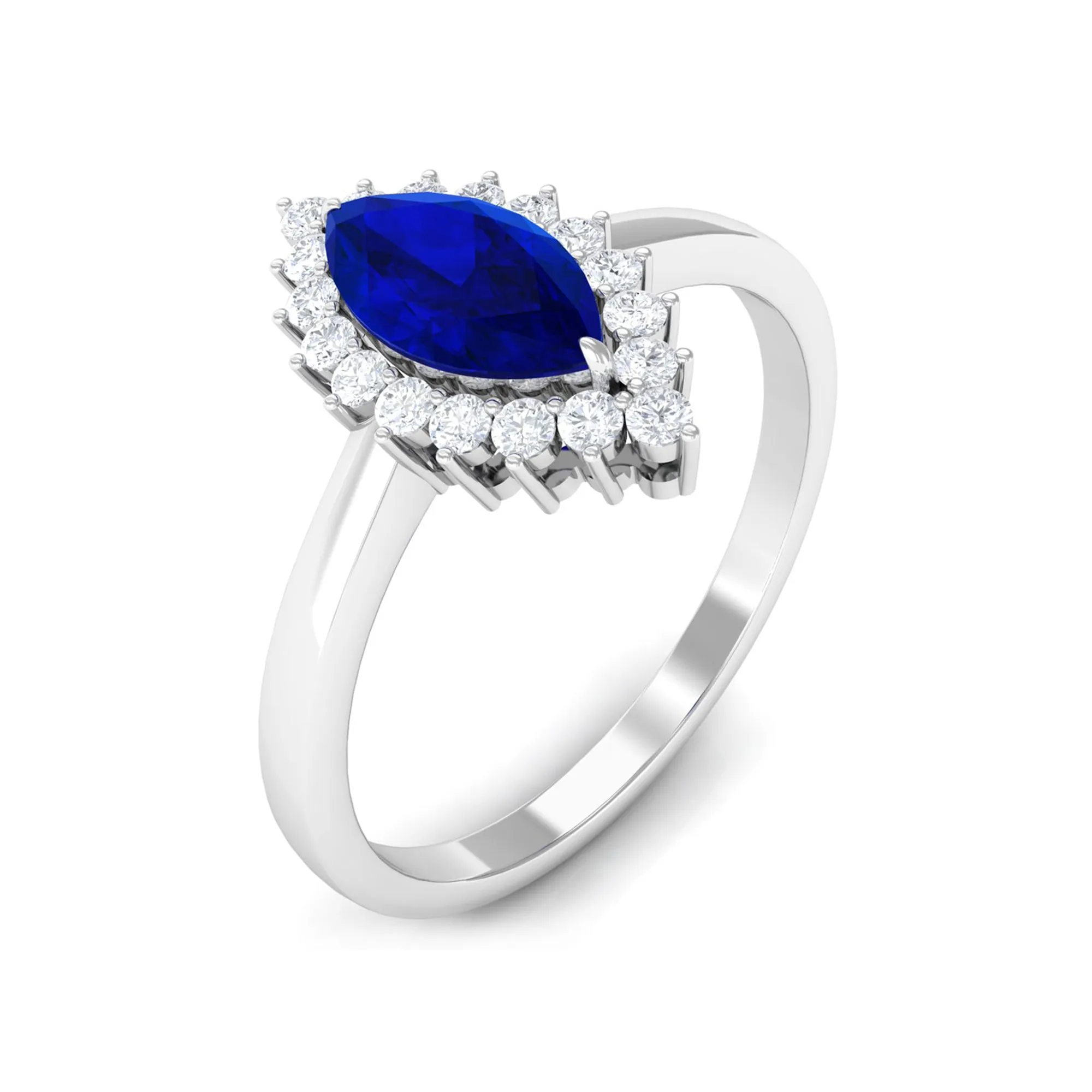 1 CT Created Blue Sapphire Marquise Ring with Diamond Halo