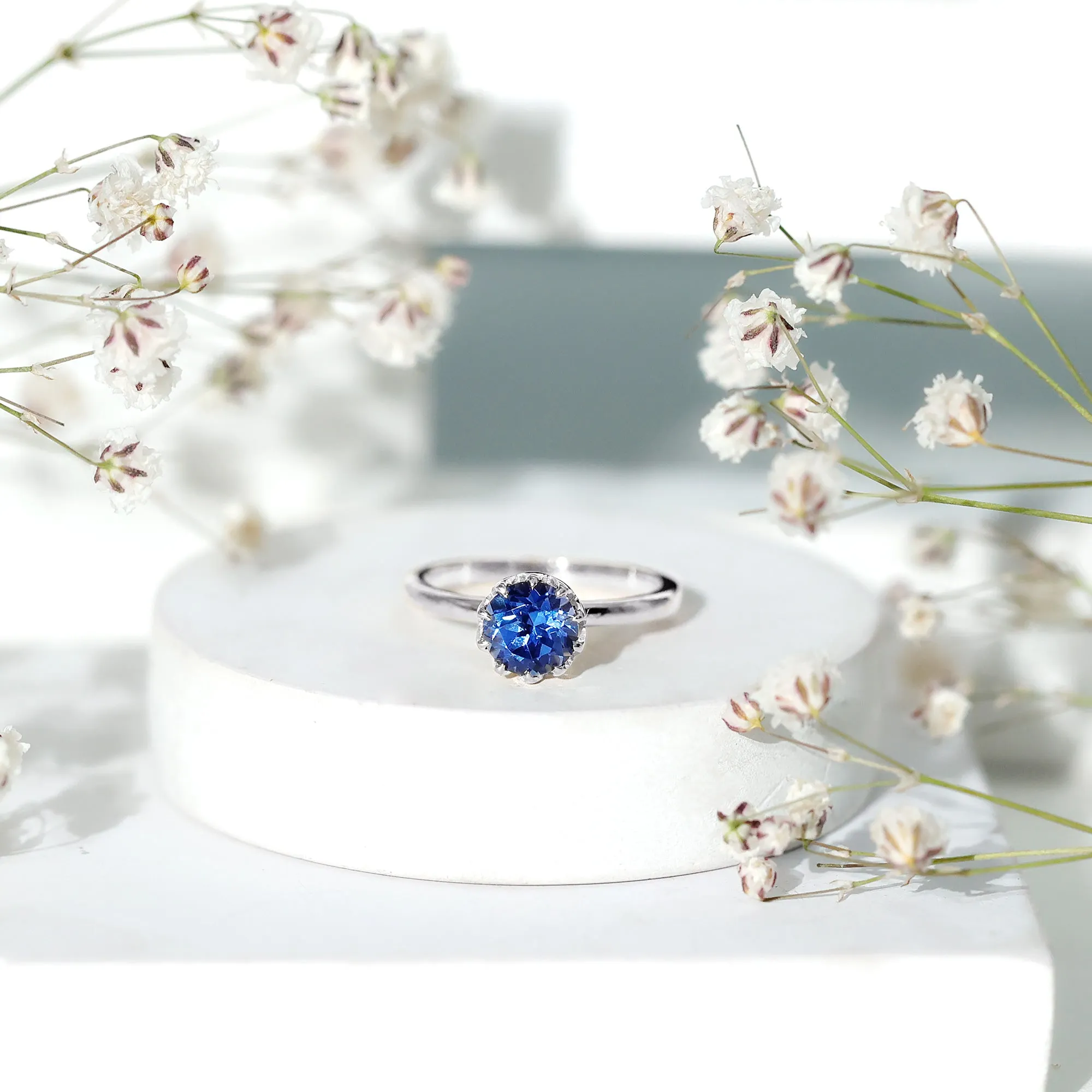 1 CT Lotus Basket Set Created Blue Sapphire Solitaire Ring