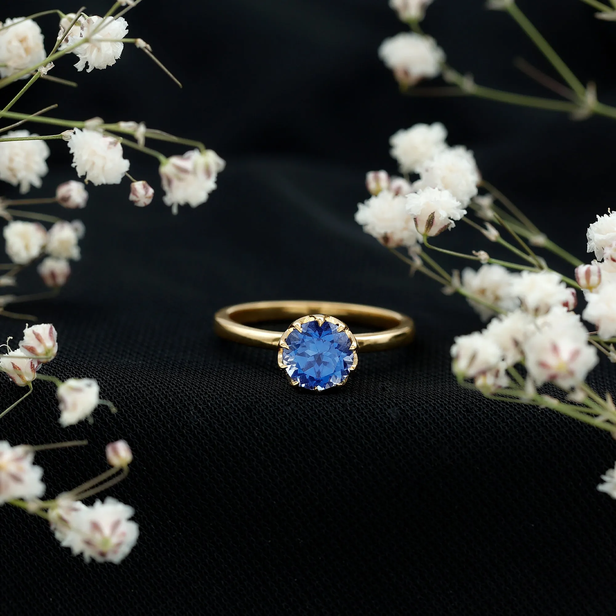 1 CT Lotus Basket Set Created Blue Sapphire Solitaire Ring