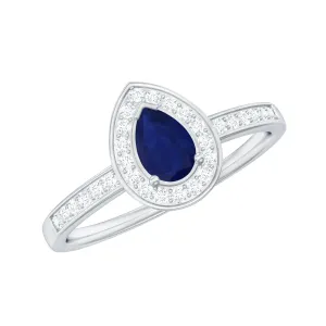 1 CT Teardrop Blue Sapphire Engagement Ring with Diamond Halo