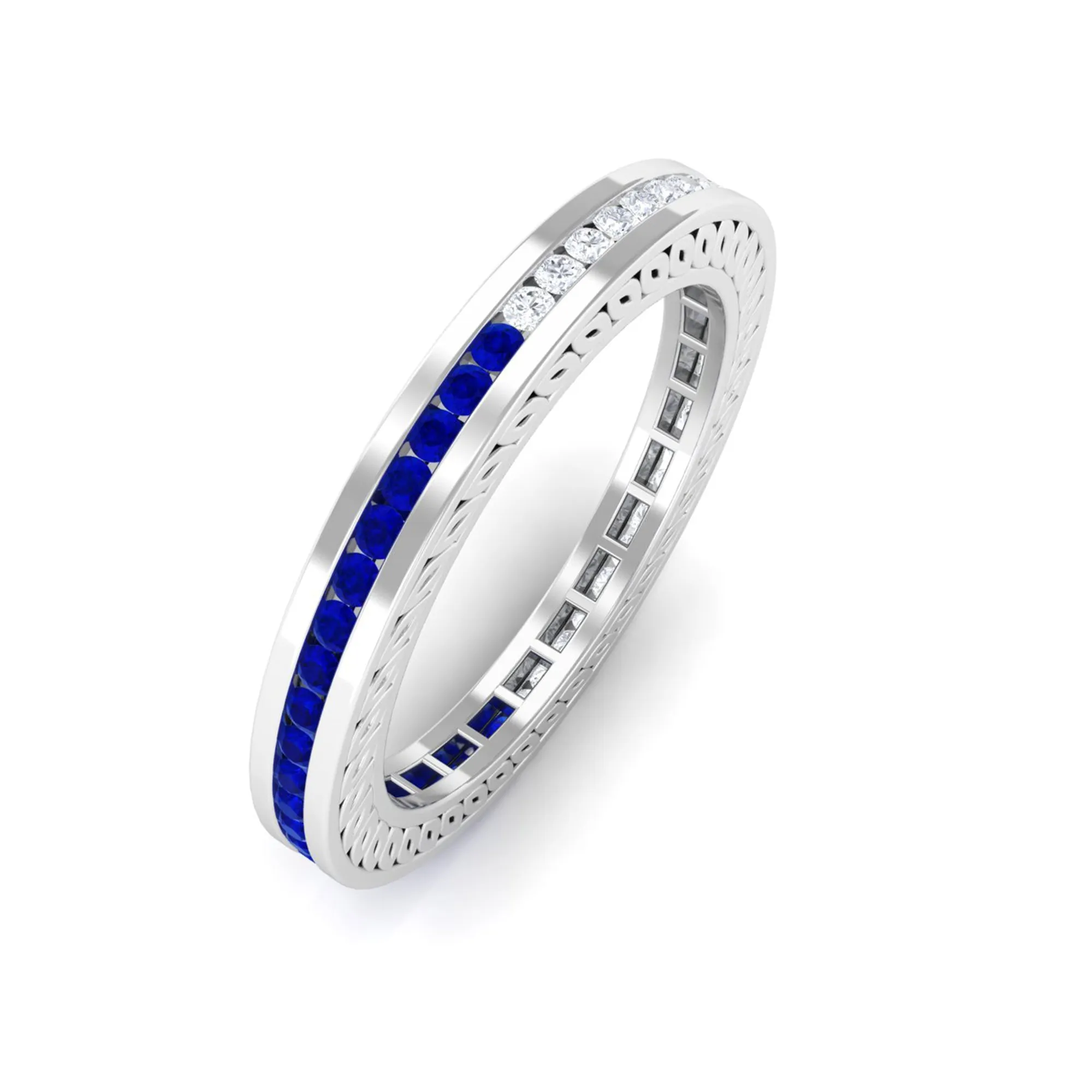 1/2 CT Channel Set Created Blue Sapphire and Diamond Full Eternity Ring