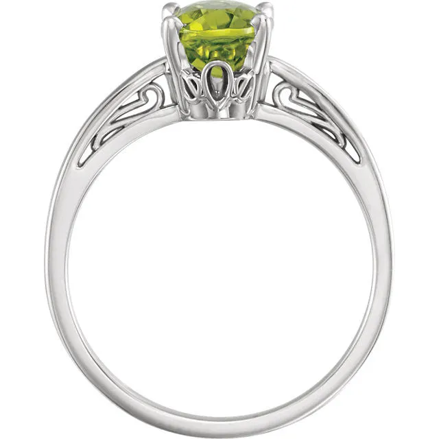 14K White Gold Oval Peridot Scroll Set Ring