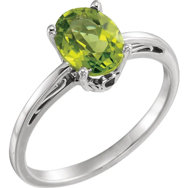 14K White Gold Oval Peridot Scroll Set Ring