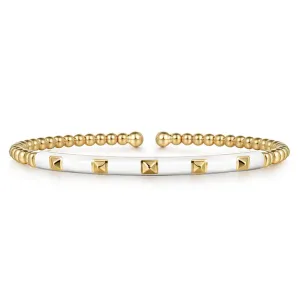 14K Yellow Gold Bujukan Beads and Pyramid Split Bangle with White Enamel