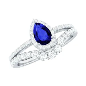 1.5 CT Created Blue Sapphire Designer Teardrop Ring Set with Diamond Band