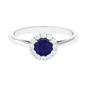 1.5 CT Floral Blue Sapphire Engagement Ring with Diamond Halo