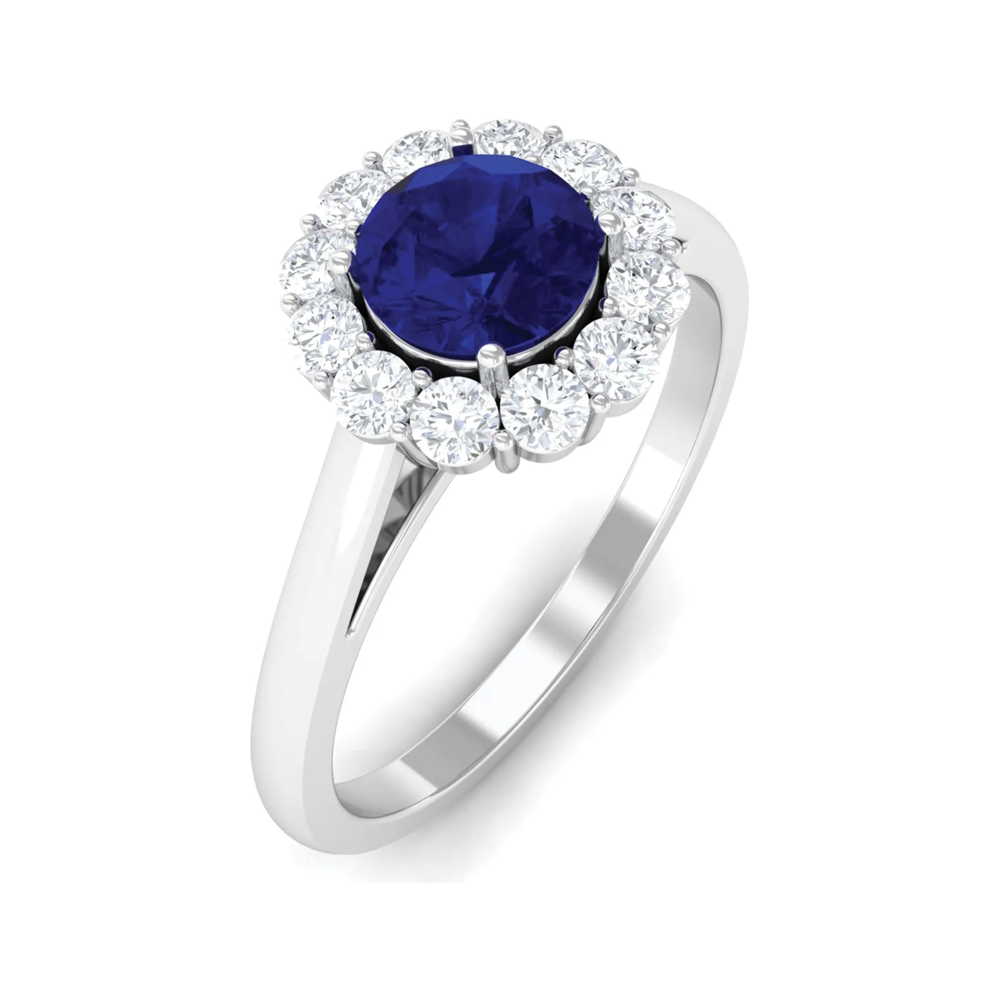 1.5 CT Floral Blue Sapphire Engagement Ring with Diamond Halo