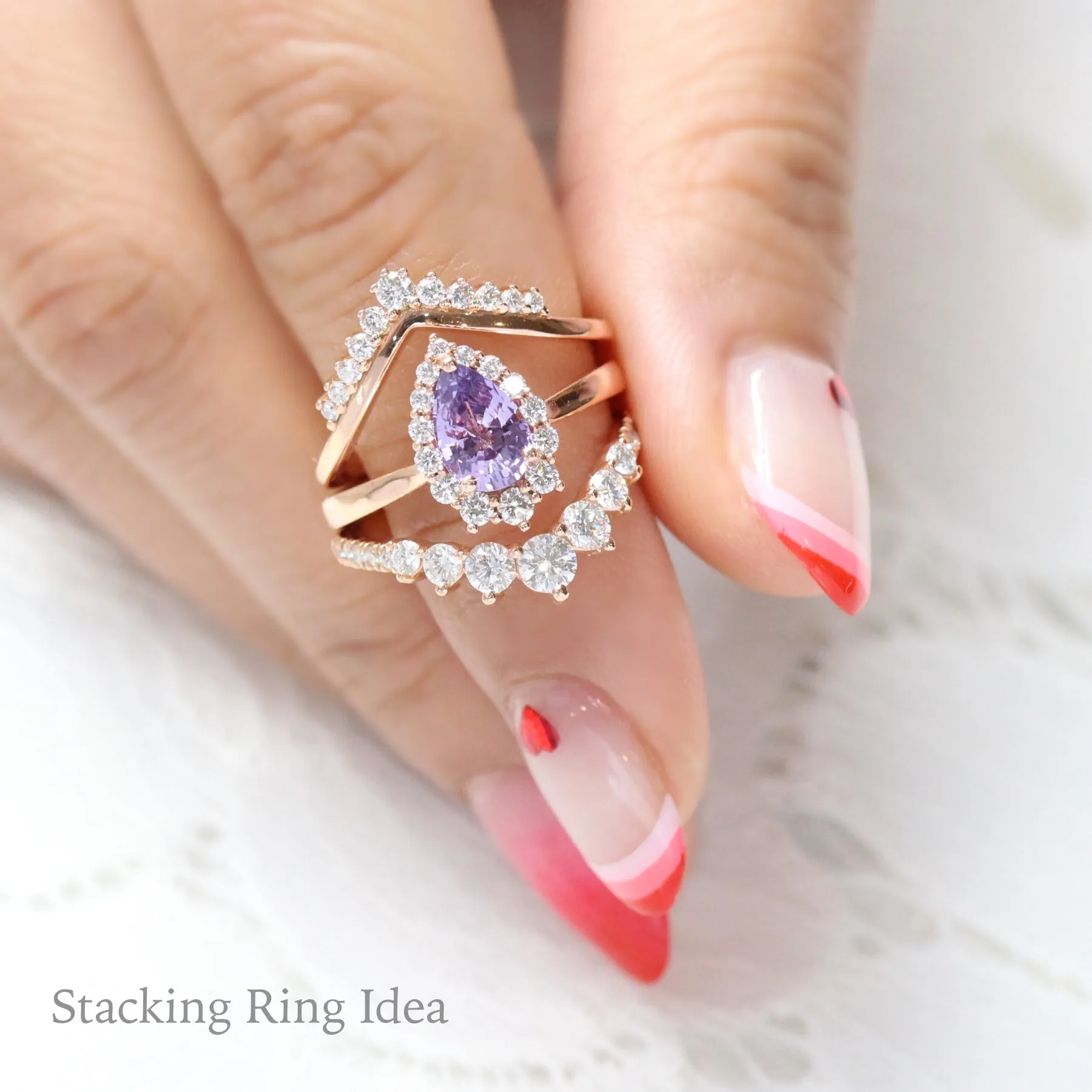 1.62 Ct Lavender Purple Sapphire Ring in 14k Rose Gold Tiara Halo Diamond, Size 6.5