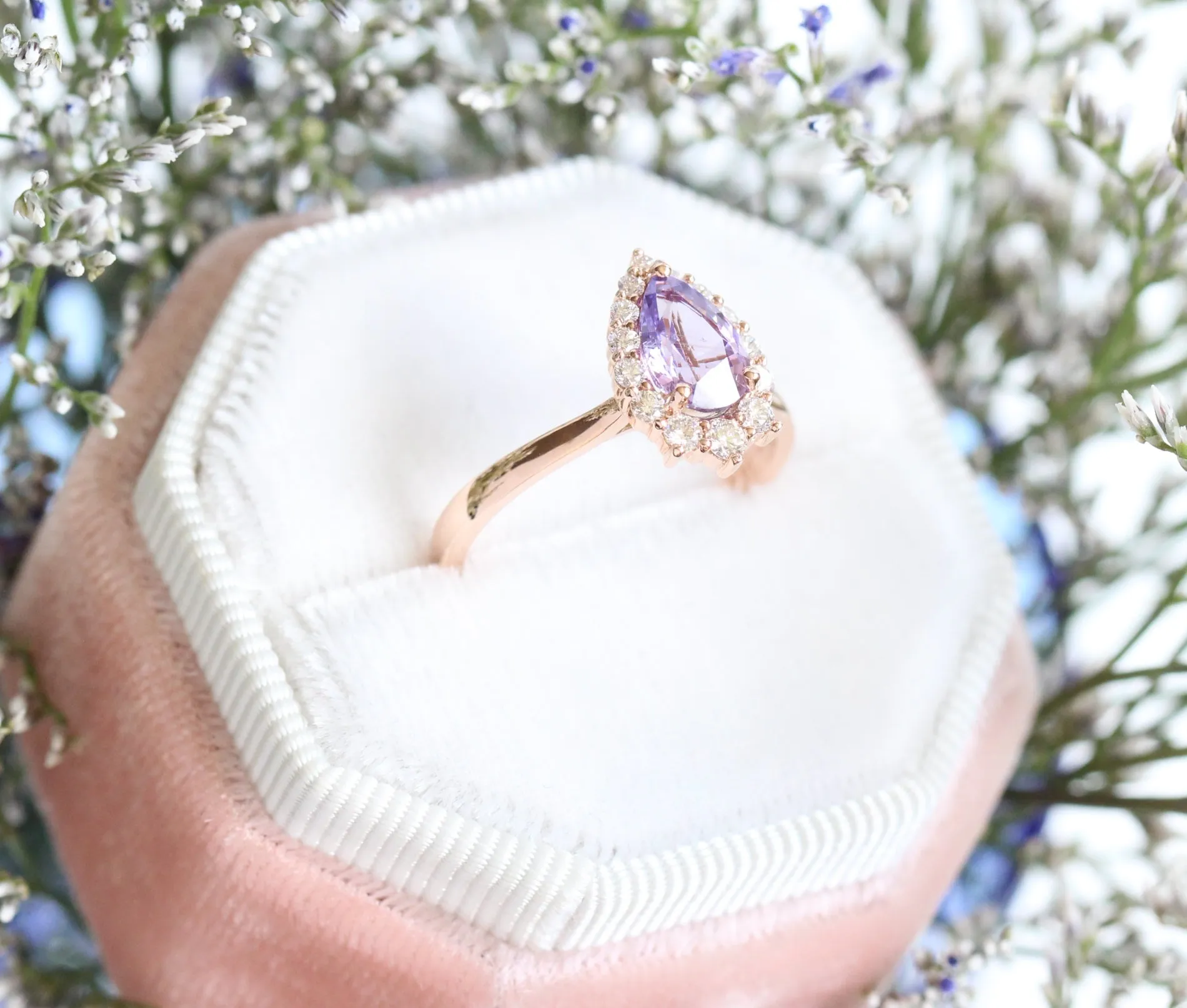 1.62 Ct Lavender Purple Sapphire Ring in 14k Rose Gold Tiara Halo Diamond, Size 6.5