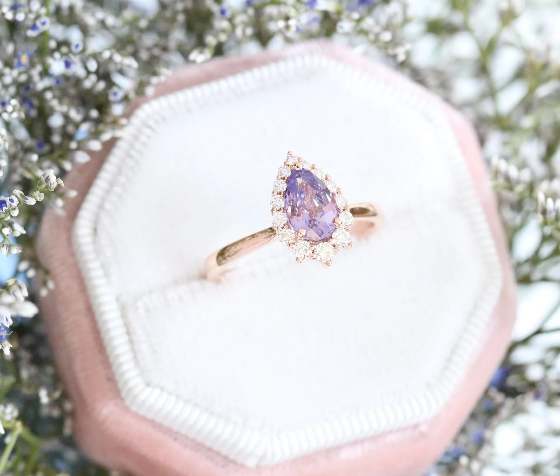 1.62 Ct Lavender Purple Sapphire Ring in 14k Rose Gold Tiara Halo Diamond, Size 6.5