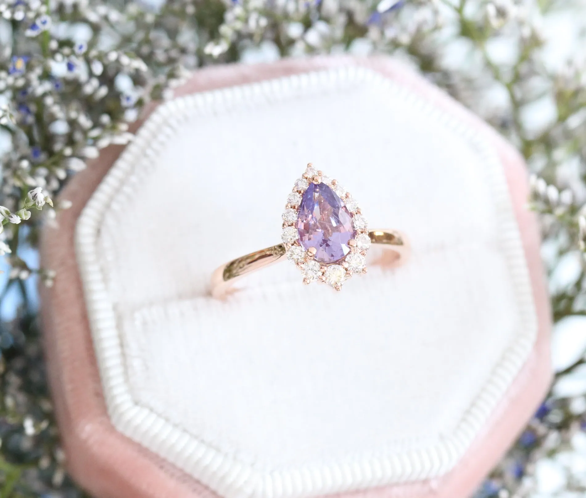 1.62 Ct Lavender Purple Sapphire Ring in 14k Rose Gold Tiara Halo Diamond, Size 6.5