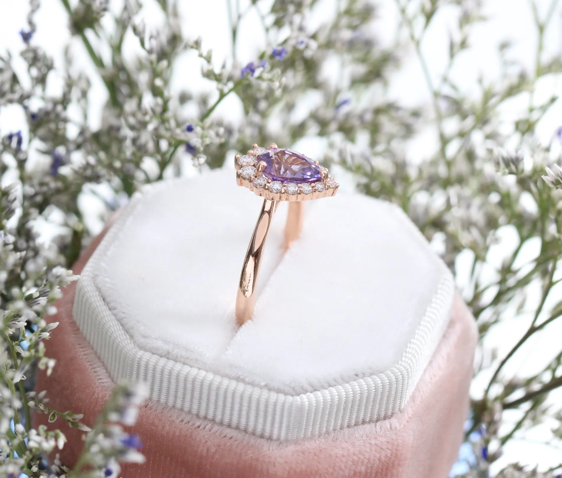 1.62 Ct Lavender Purple Sapphire Ring in 14k Rose Gold Tiara Halo Diamond, Size 6.5