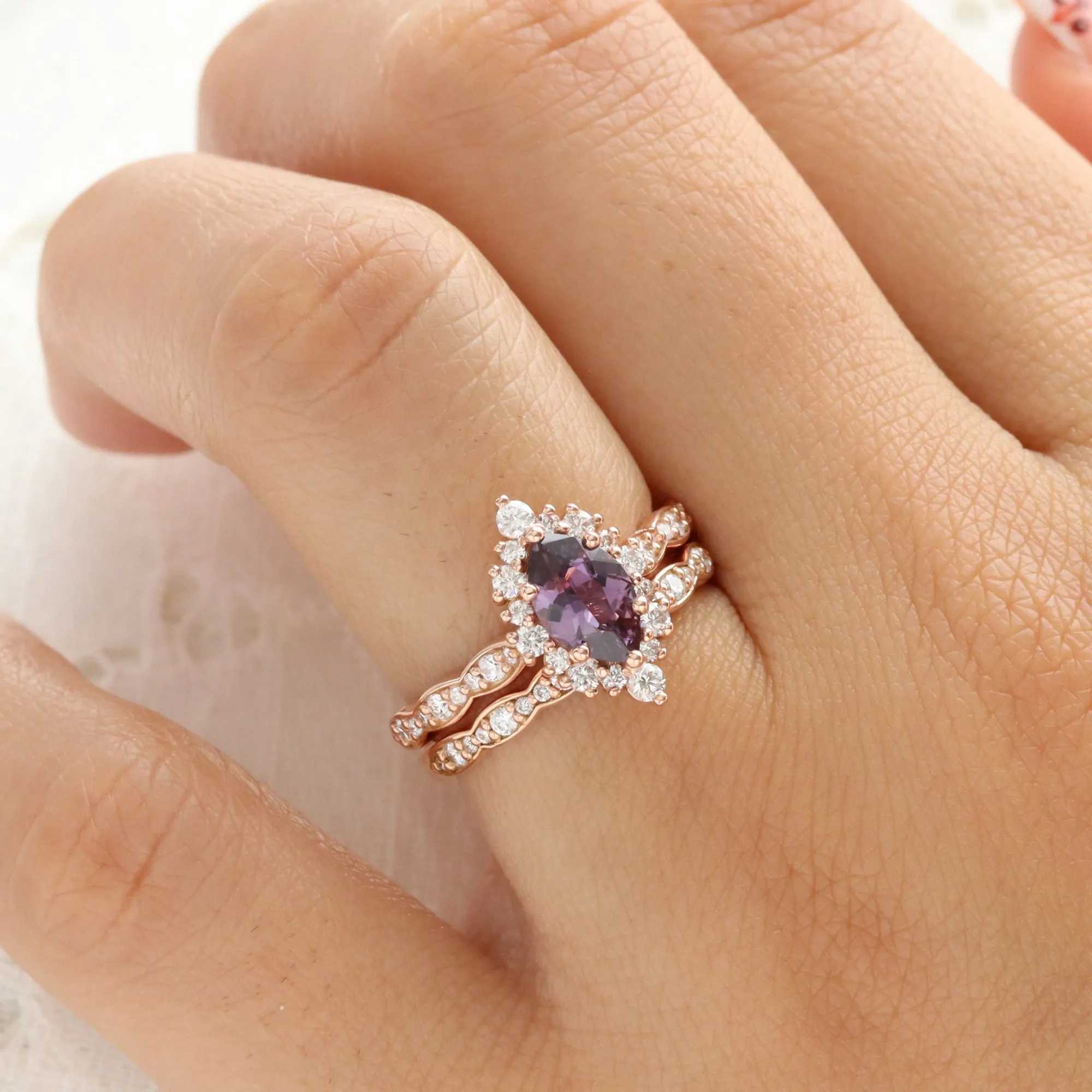 1.67 Ct. Marquise Purple Sapphire Ring in 14k Rose Gold Tiara Halo Diamond Size 6.75