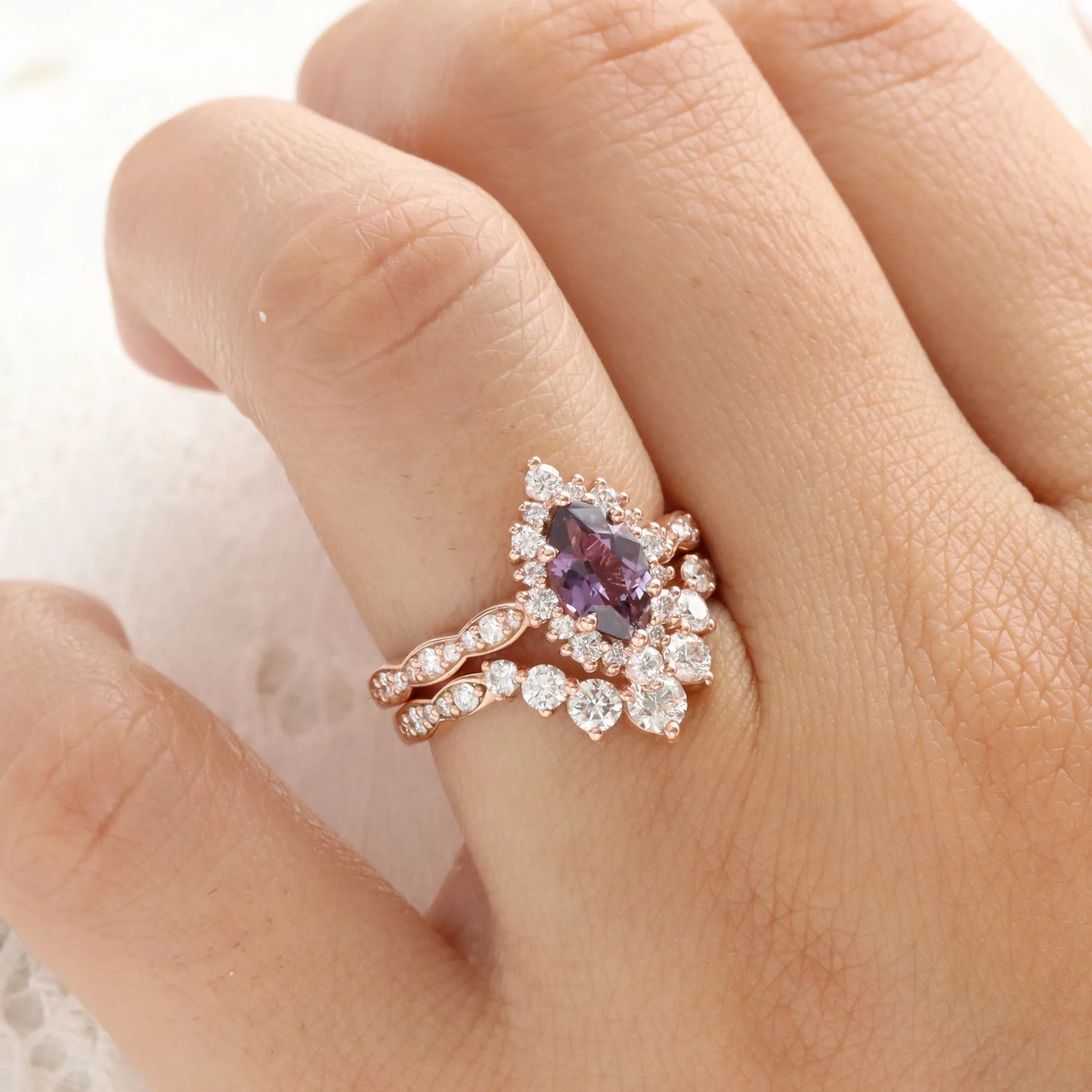 1.67 Ct. Marquise Purple Sapphire Ring in 14k Rose Gold Tiara Halo Diamond Size 6.75