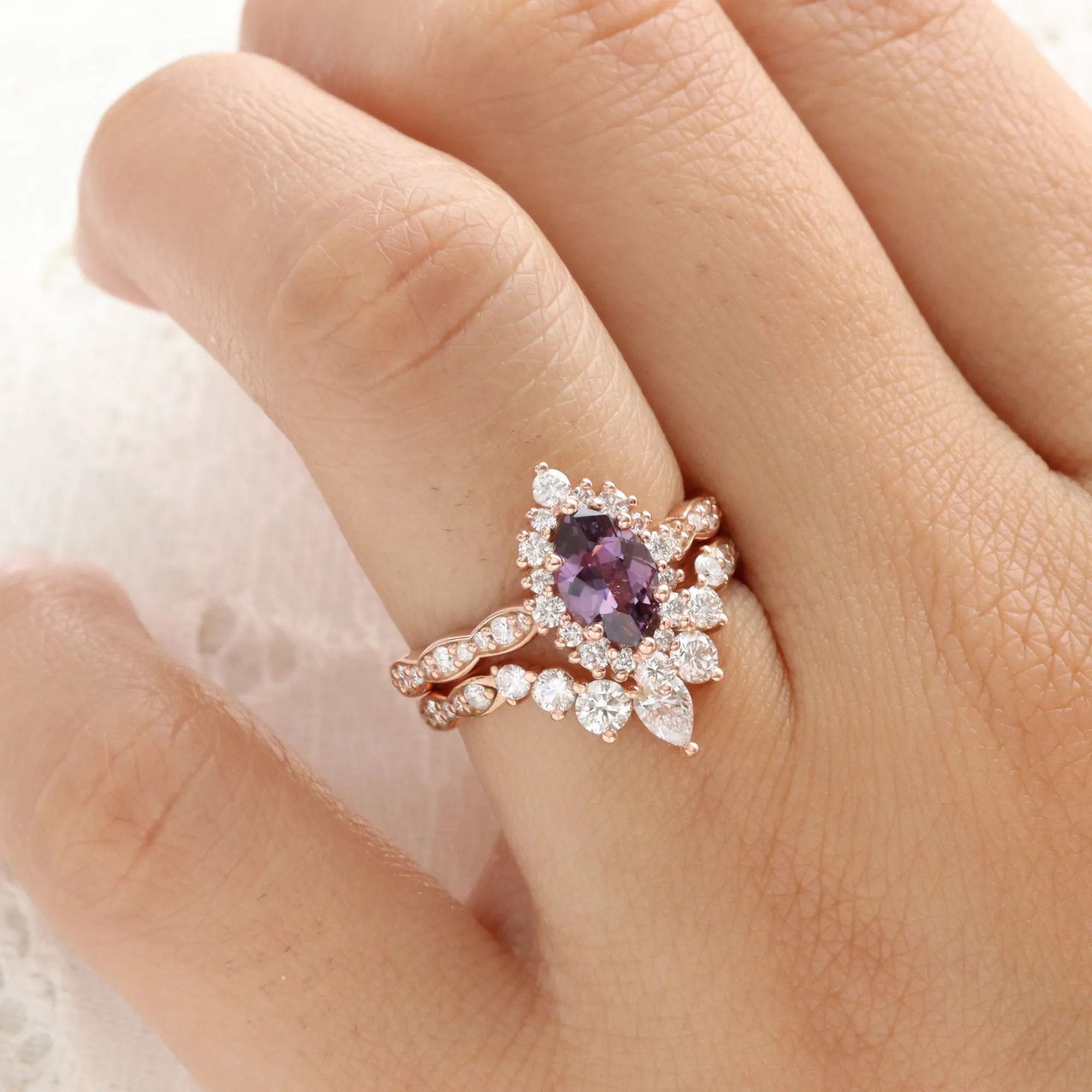 1.67 Ct. Marquise Purple Sapphire Ring in 14k Rose Gold Tiara Halo Diamond Size 6.75