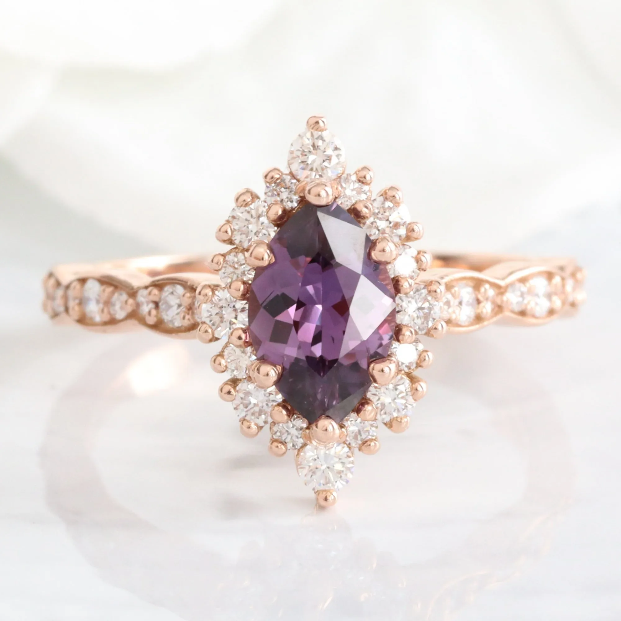 1.67 Ct. Marquise Purple Sapphire Ring in 14k Rose Gold Tiara Halo Diamond Size 6.75