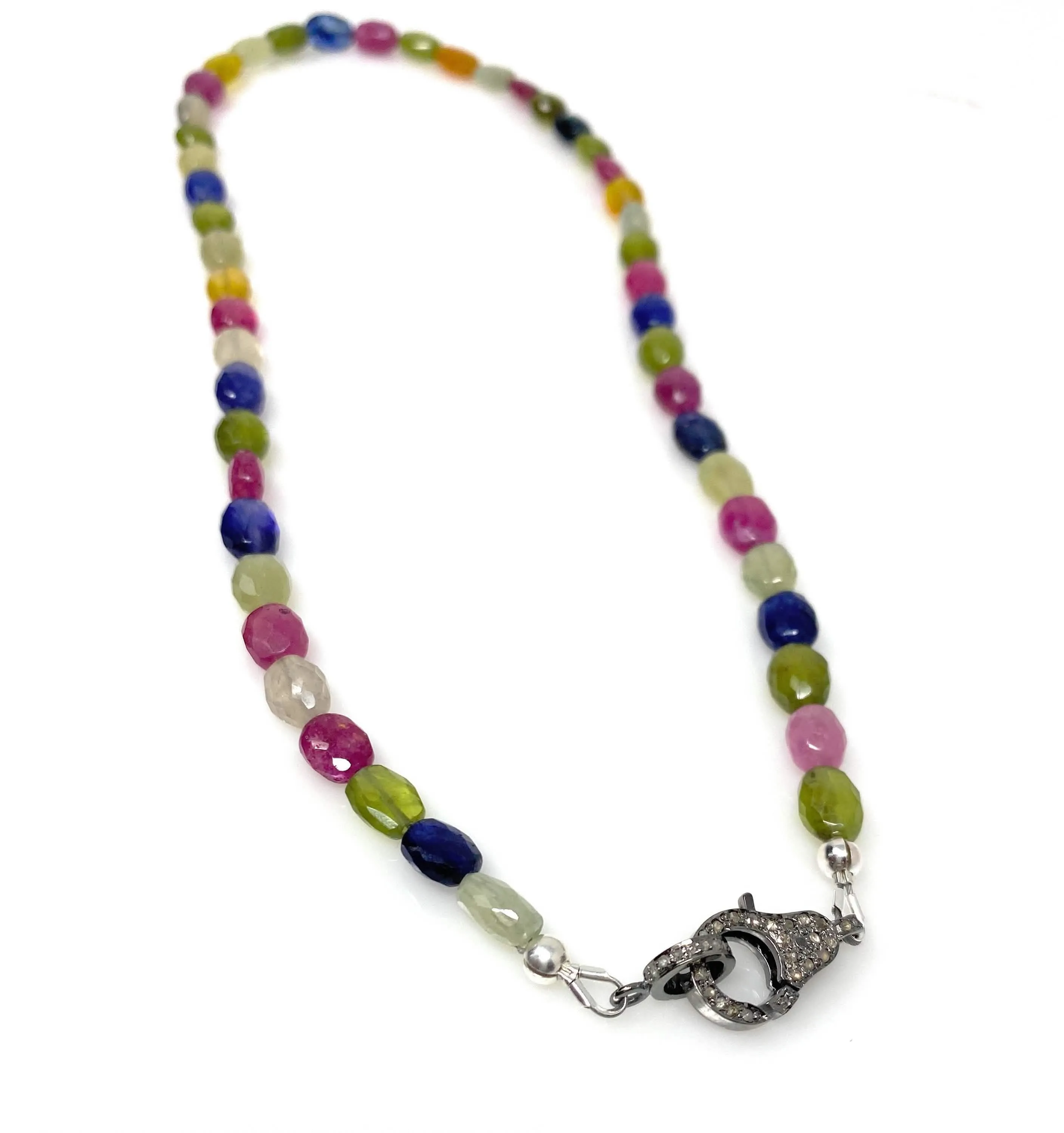 17.15” Genuine Multi Sapphire Necklace with Pave Diamond Clasp, Natura