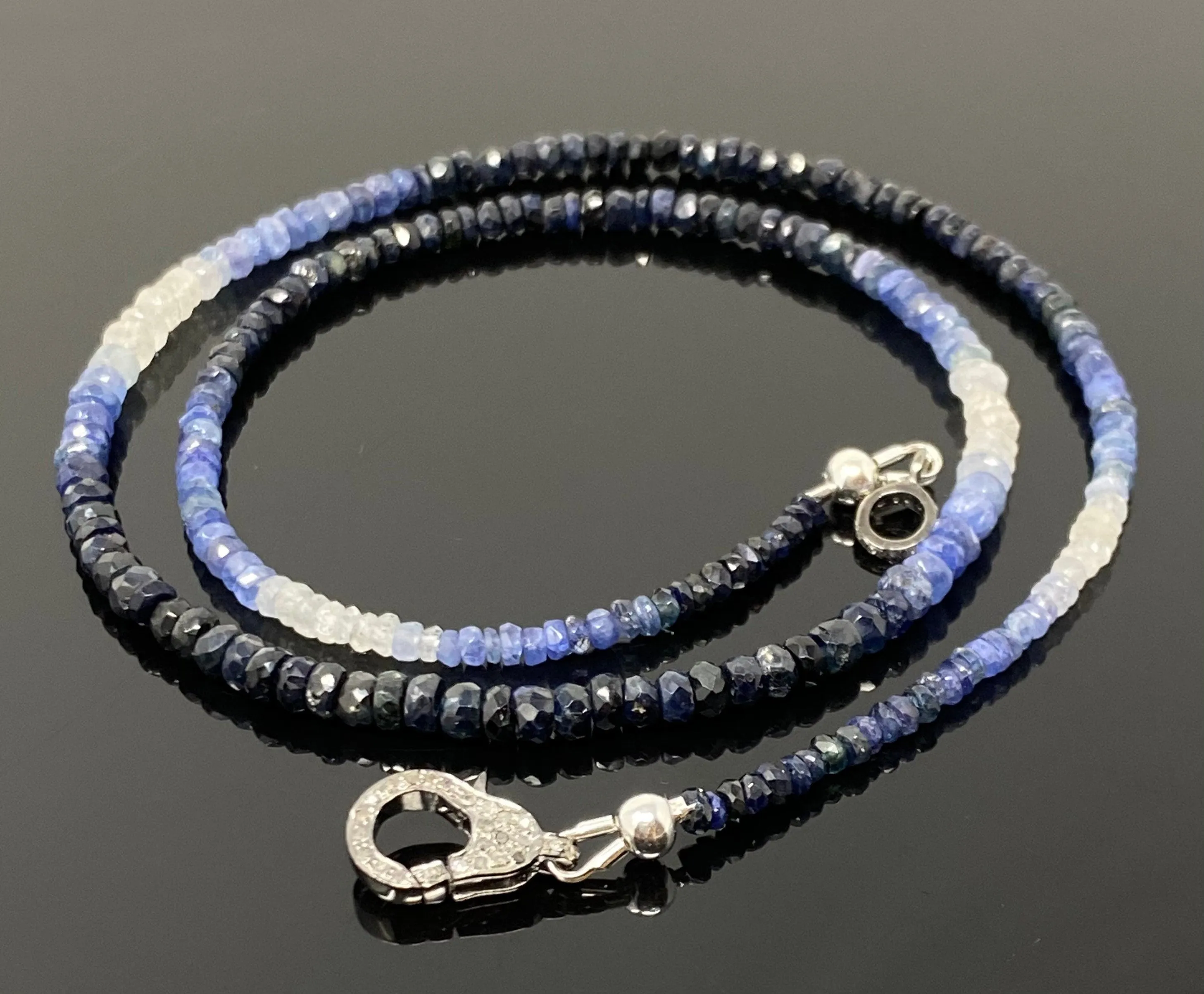 17.5” Genuine Shaded Blue Sapphire Necklace with Pave Diamond Clasp,