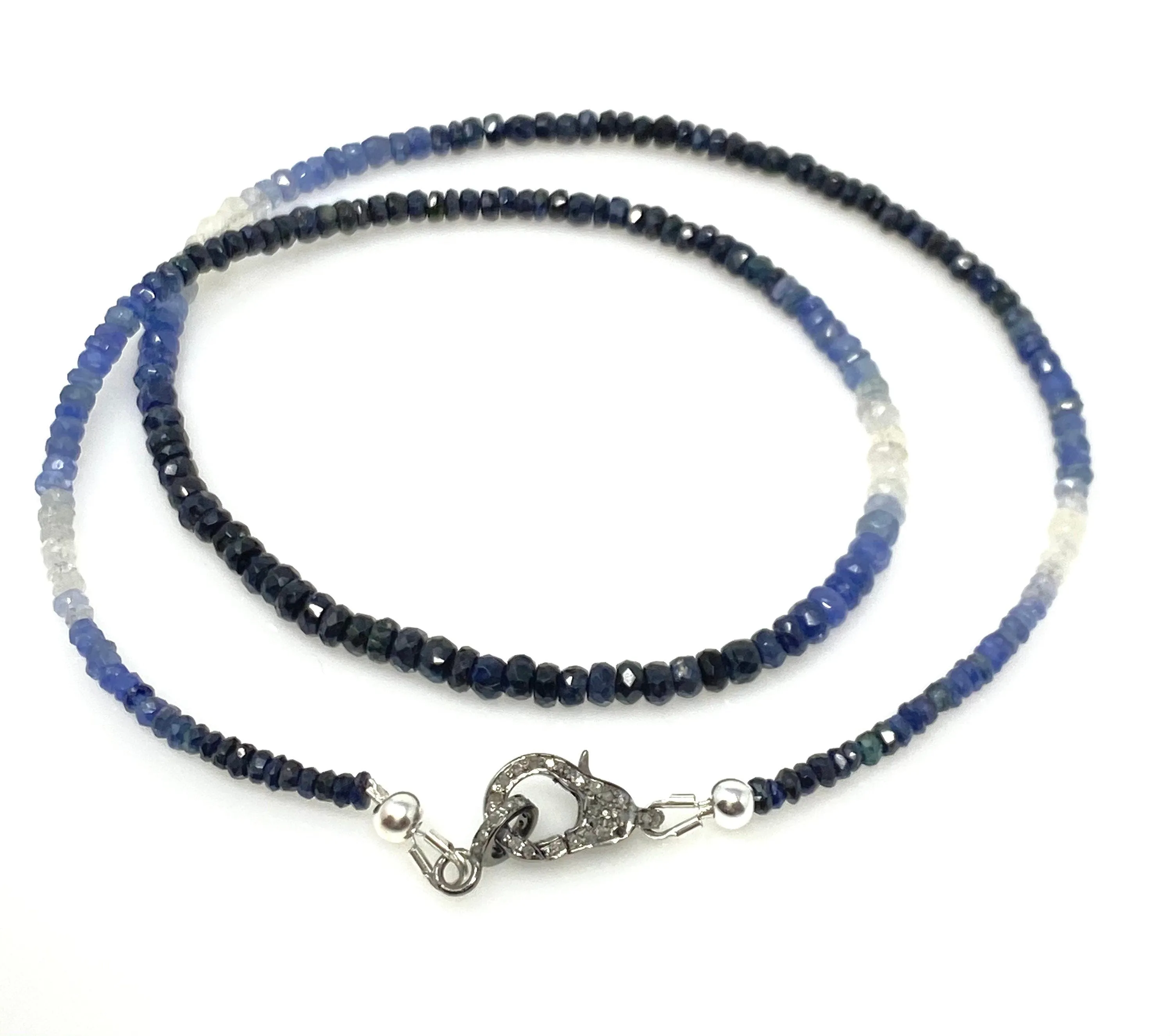 17.5” Genuine Shaded Blue Sapphire Necklace with Pave Diamond Clasp,