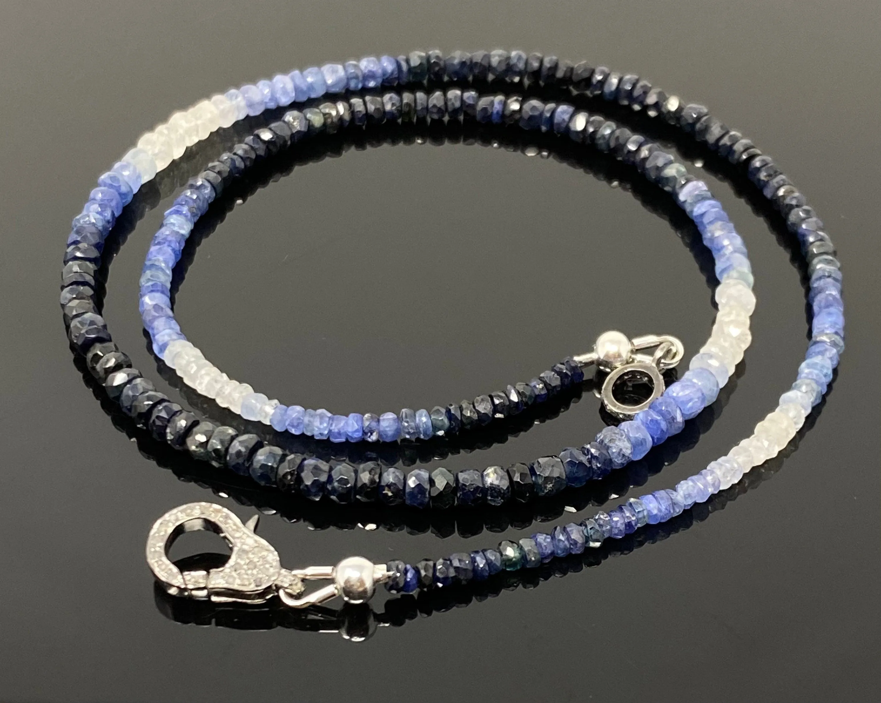 17.5” Genuine Shaded Blue Sapphire Necklace with Pave Diamond Clasp,