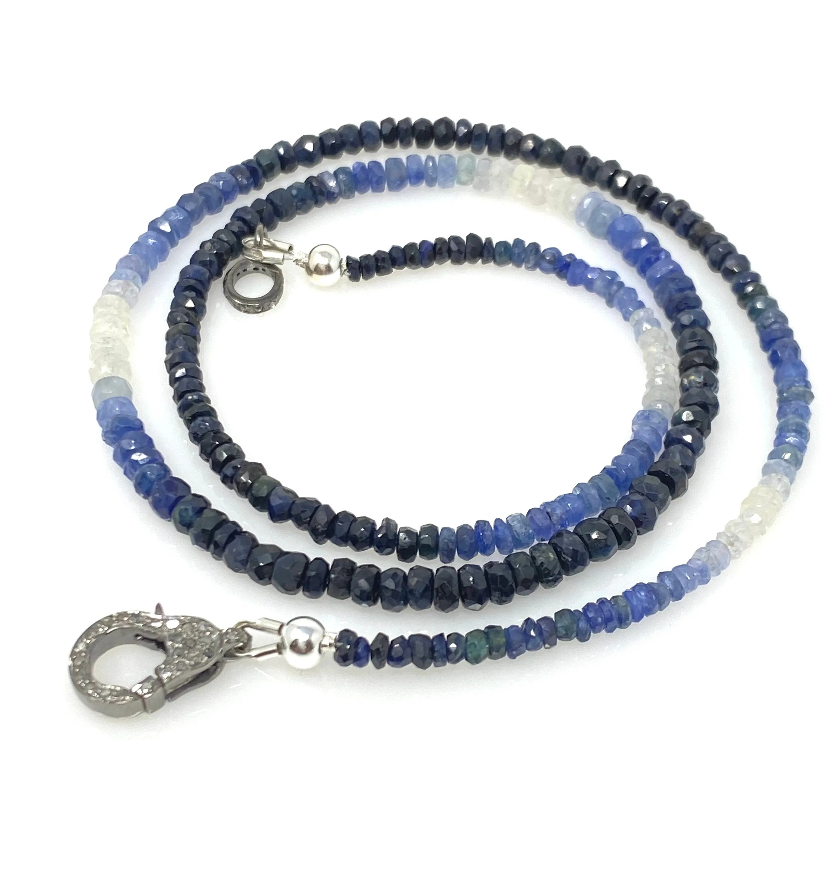 17.5” Genuine Shaded Blue Sapphire Necklace with Pave Diamond Clasp,