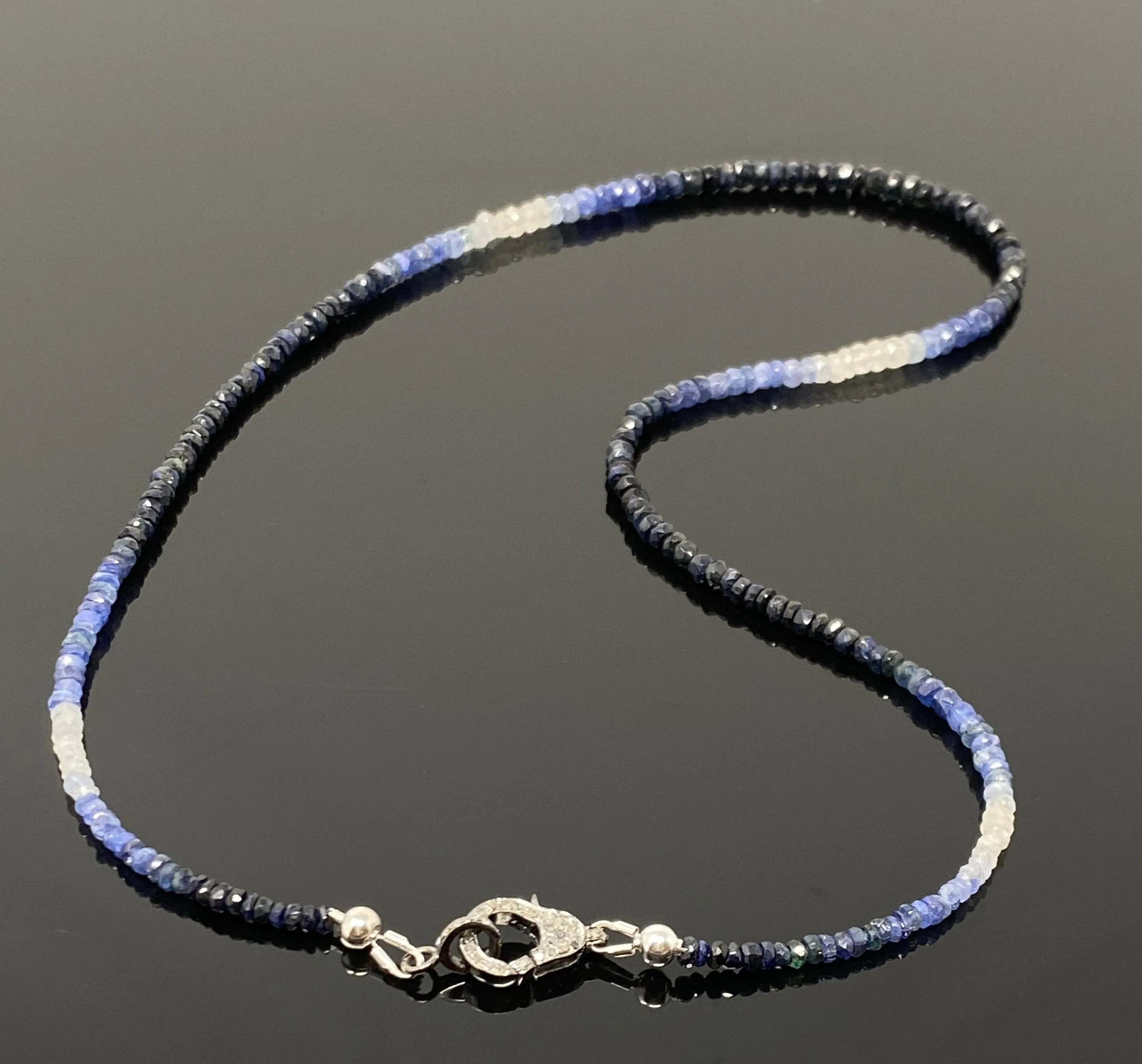 17.5” Genuine Shaded Blue Sapphire Necklace with Pave Diamond Clasp,