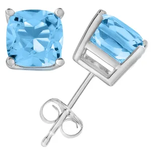 1.80 cttw 6 MM Blue Topaz Stud Earrings 14K Gold Cushion Cut with Push Backs December Birthstone