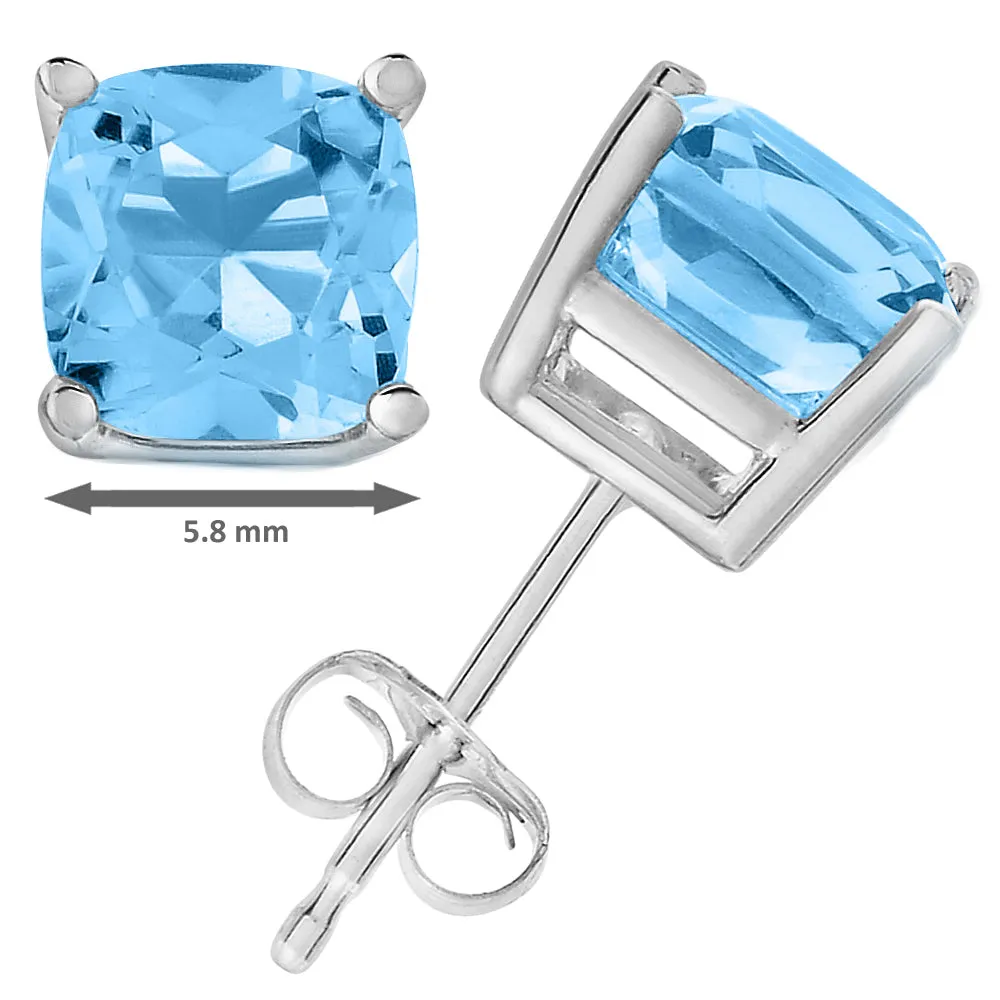 1.80 cttw 6 MM Blue Topaz Stud Earrings 14K Gold Cushion Cut with Push Backs December Birthstone