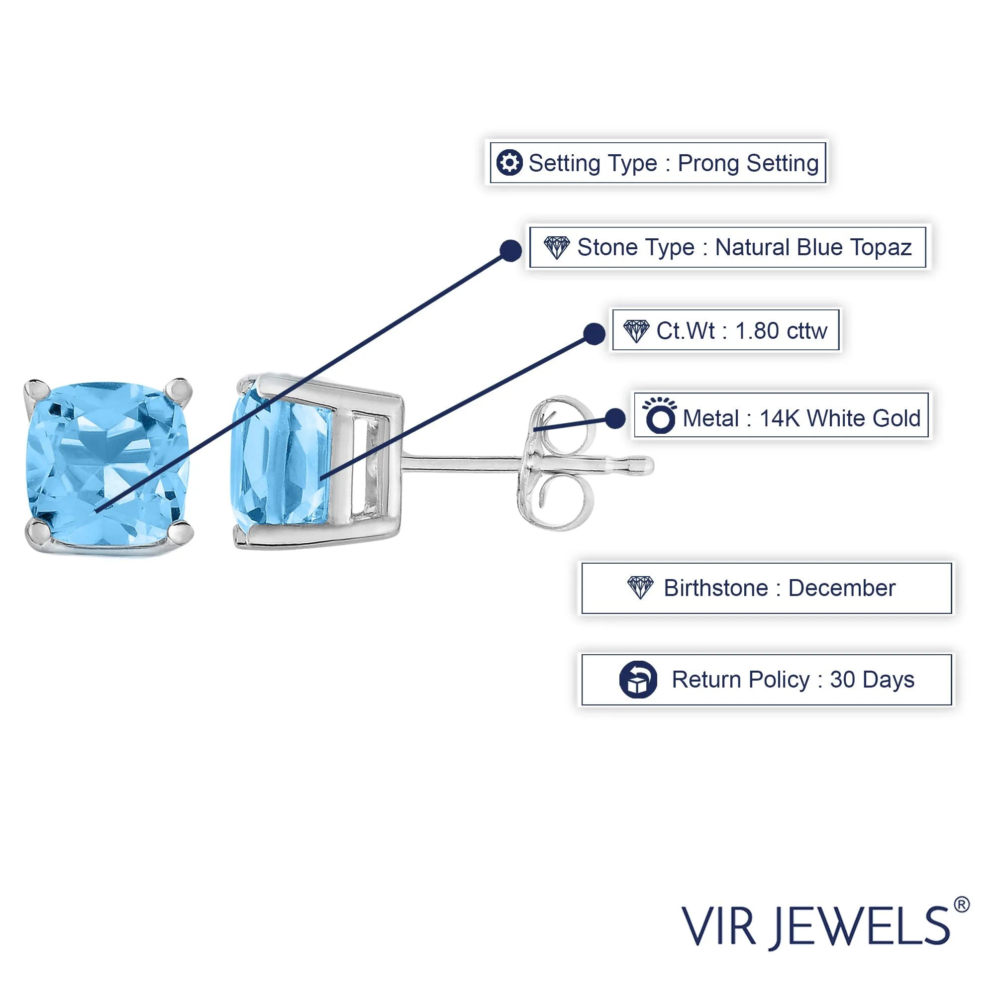 1.80 cttw 6 MM Blue Topaz Stud Earrings 14K White Gold Cushion Cut with Push Backs December Birthstone