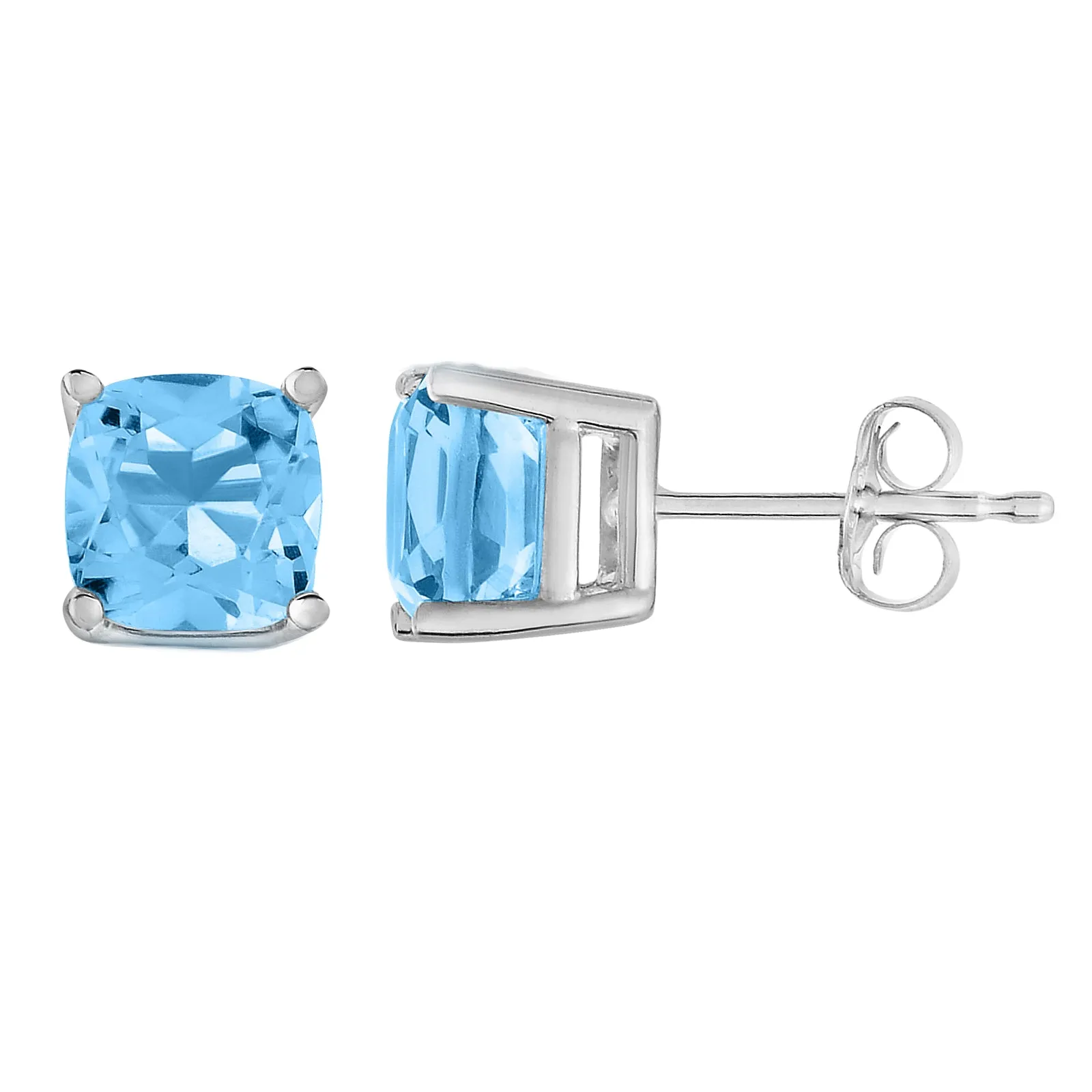 1.80 cttw 6 MM Blue Topaz Stud Earrings 14K White Gold Cushion Cut with Push Backs December Birthstone