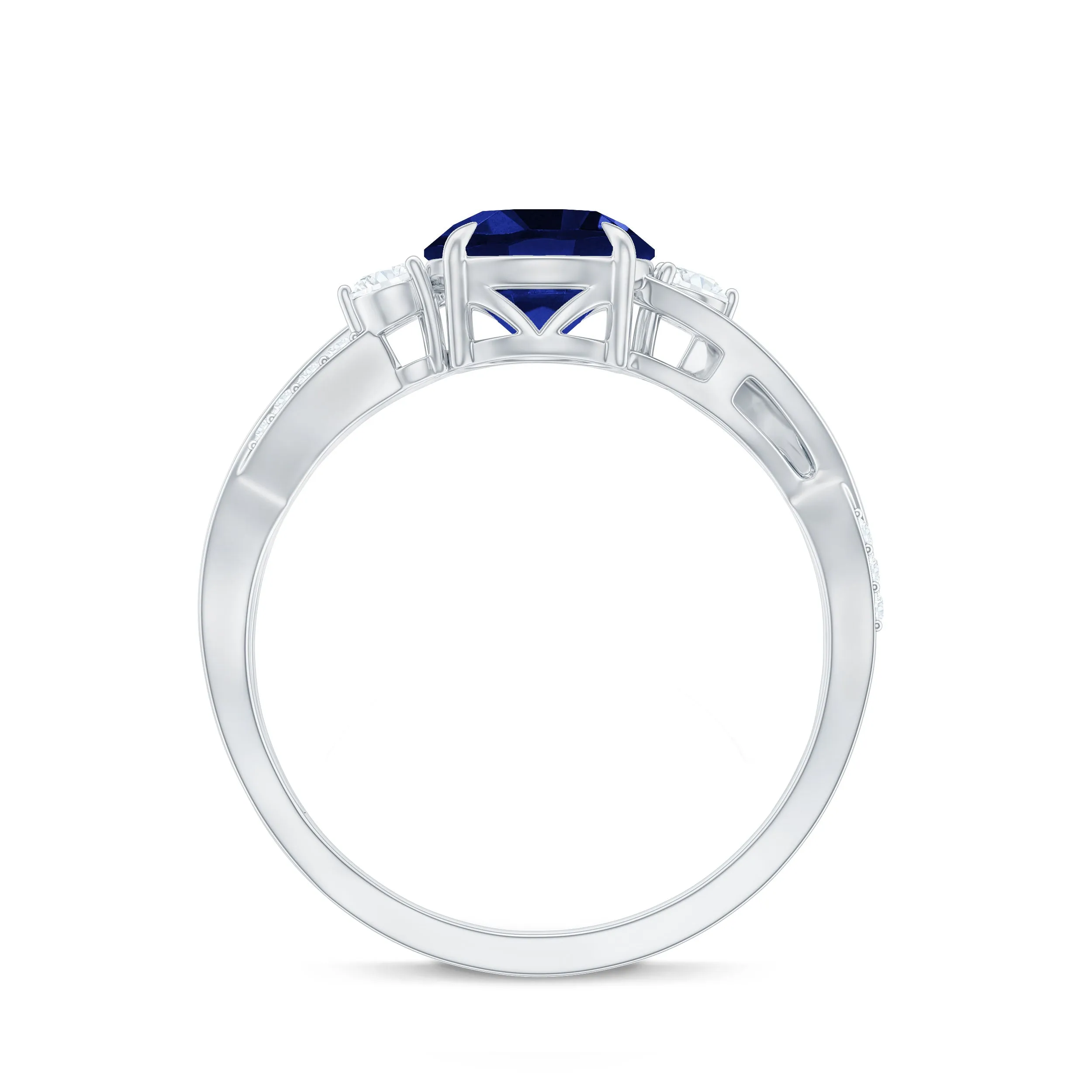 2 CT Created Blue Sapphire and Diamond Engagement Ring with Crossover Shank