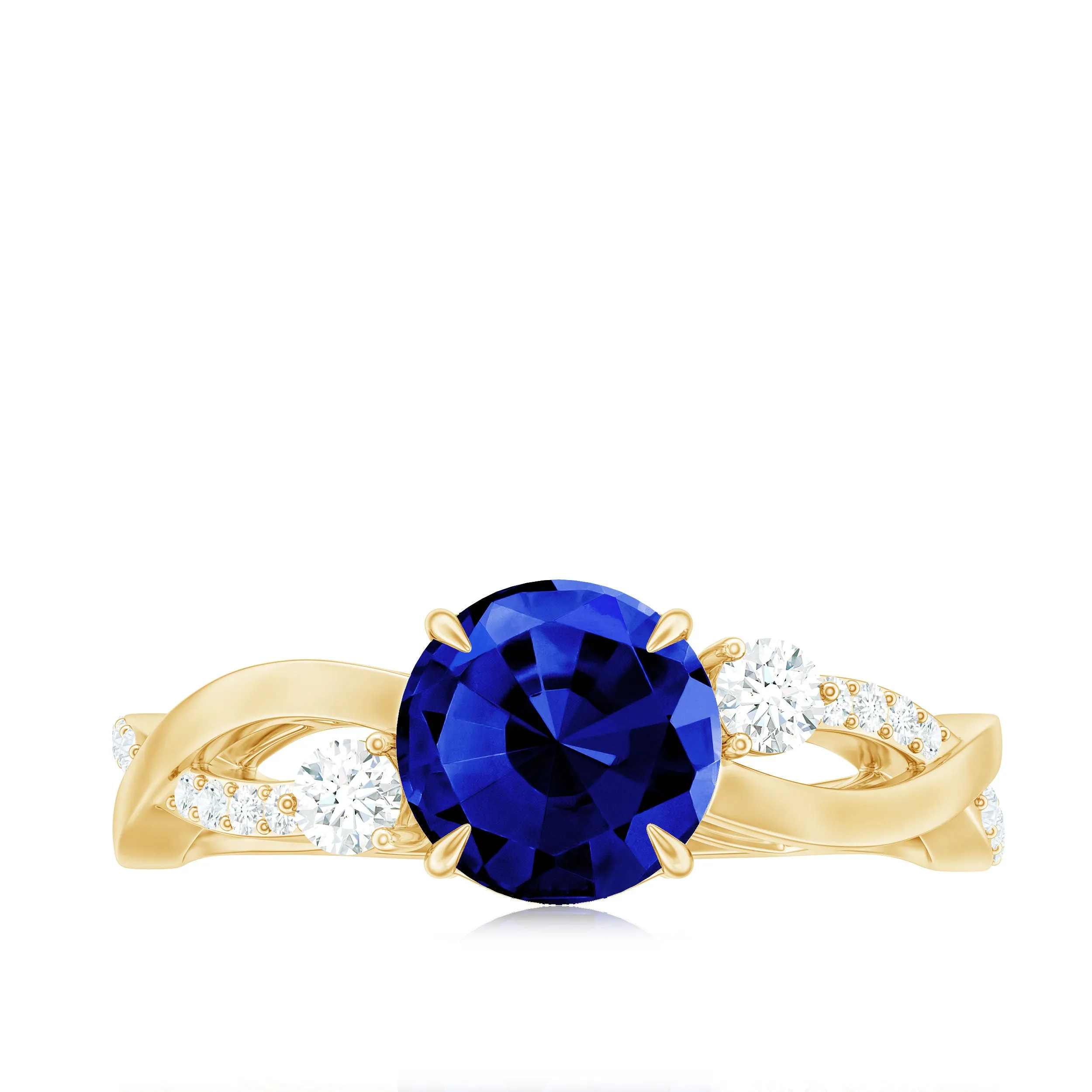 2 CT Created Blue Sapphire and Diamond Engagement Ring with Crossover Shank