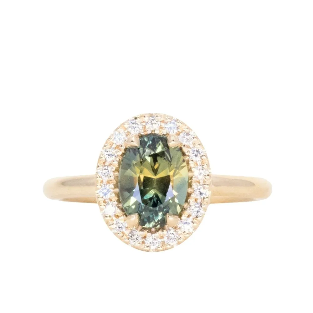 2.01ct Untreated Color Shifting Olive-Purple Oval Sapphire Six Prong Halo Stackable Ring in 14k Yellow Gold