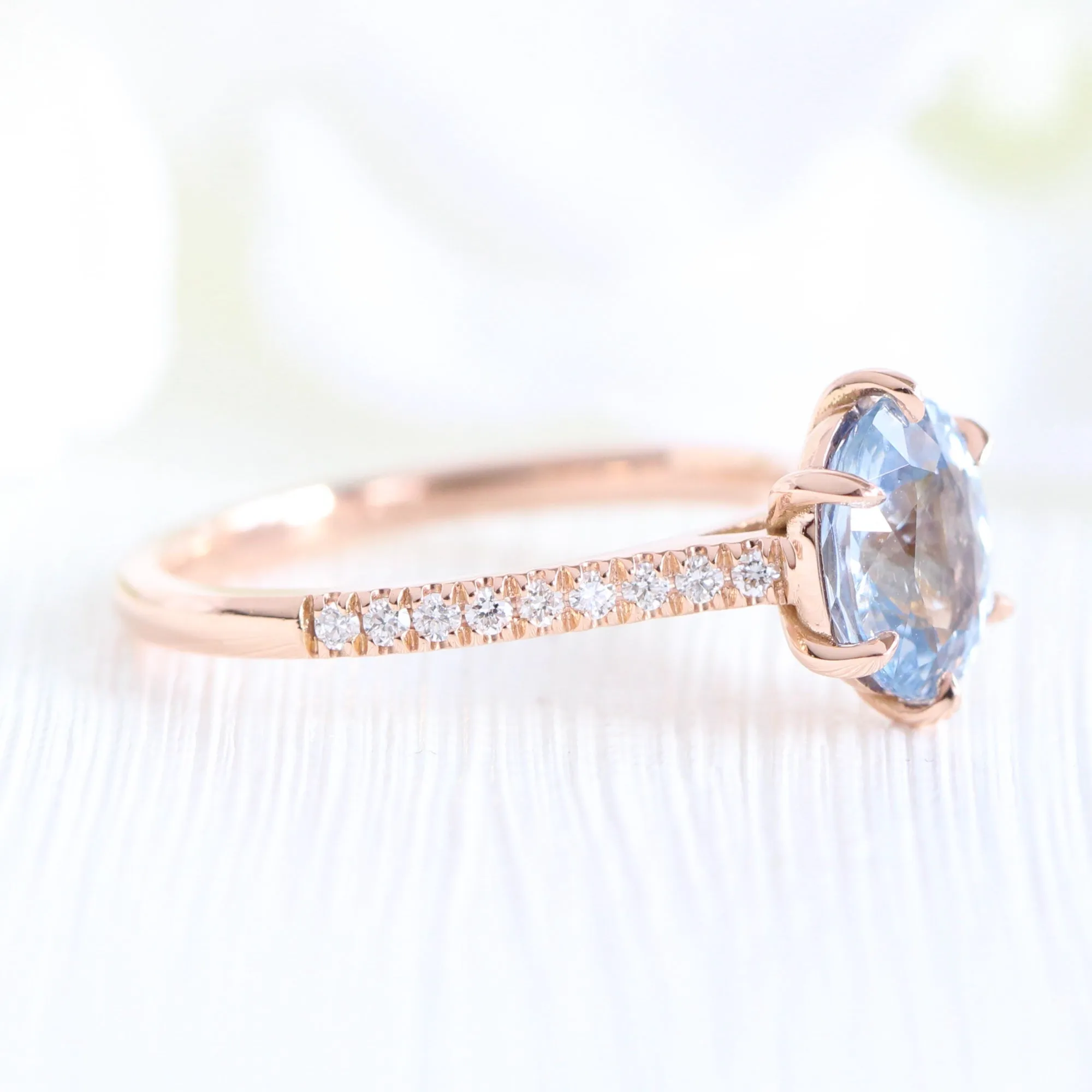 2.02 Ct Oval Aqua Blue Sapphire Diamond Ring in 14k Rose Gold Grace Solitaire, Size 6.25