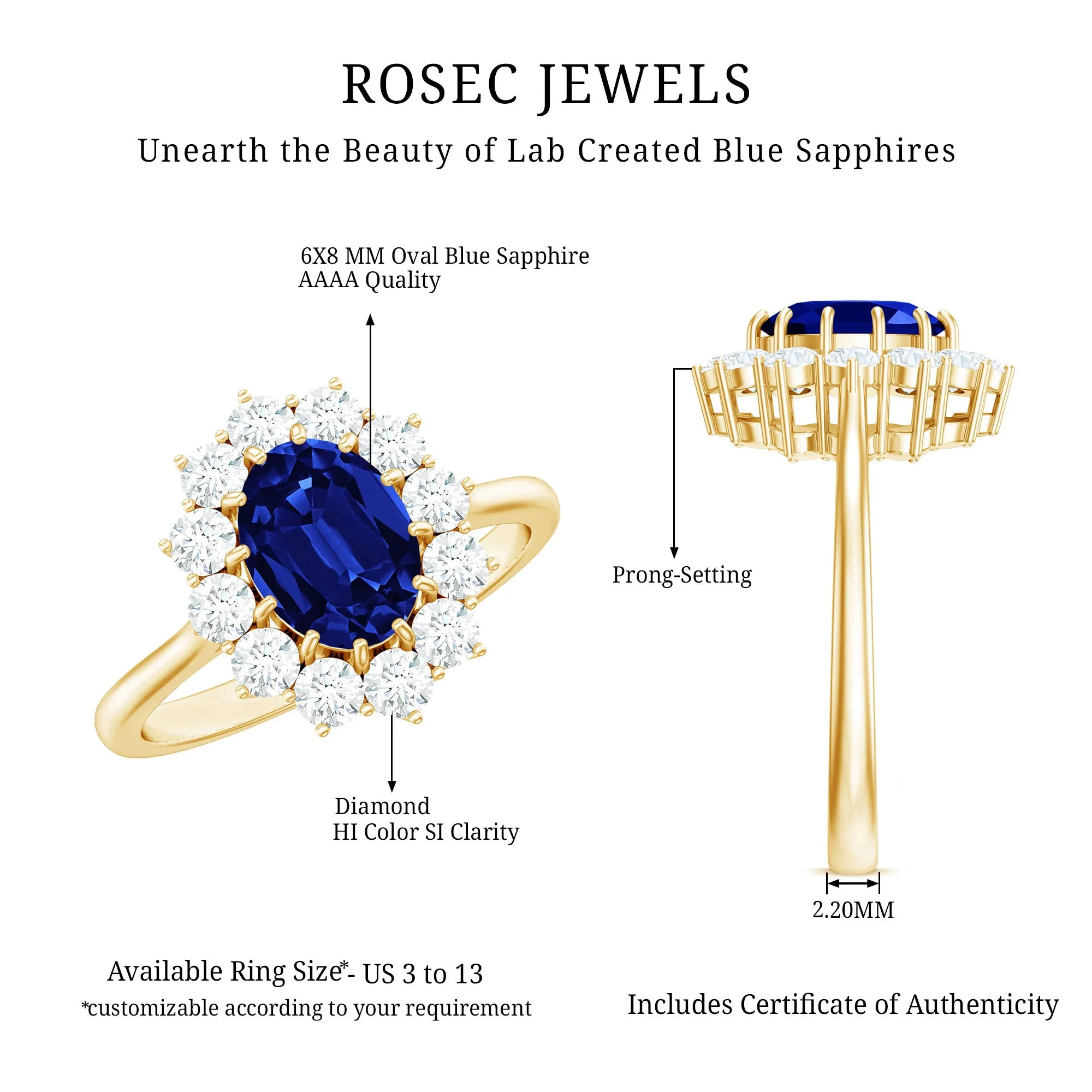 2.50 CT Created Blue Sapphire Solitaire Ring with Diamond Accent