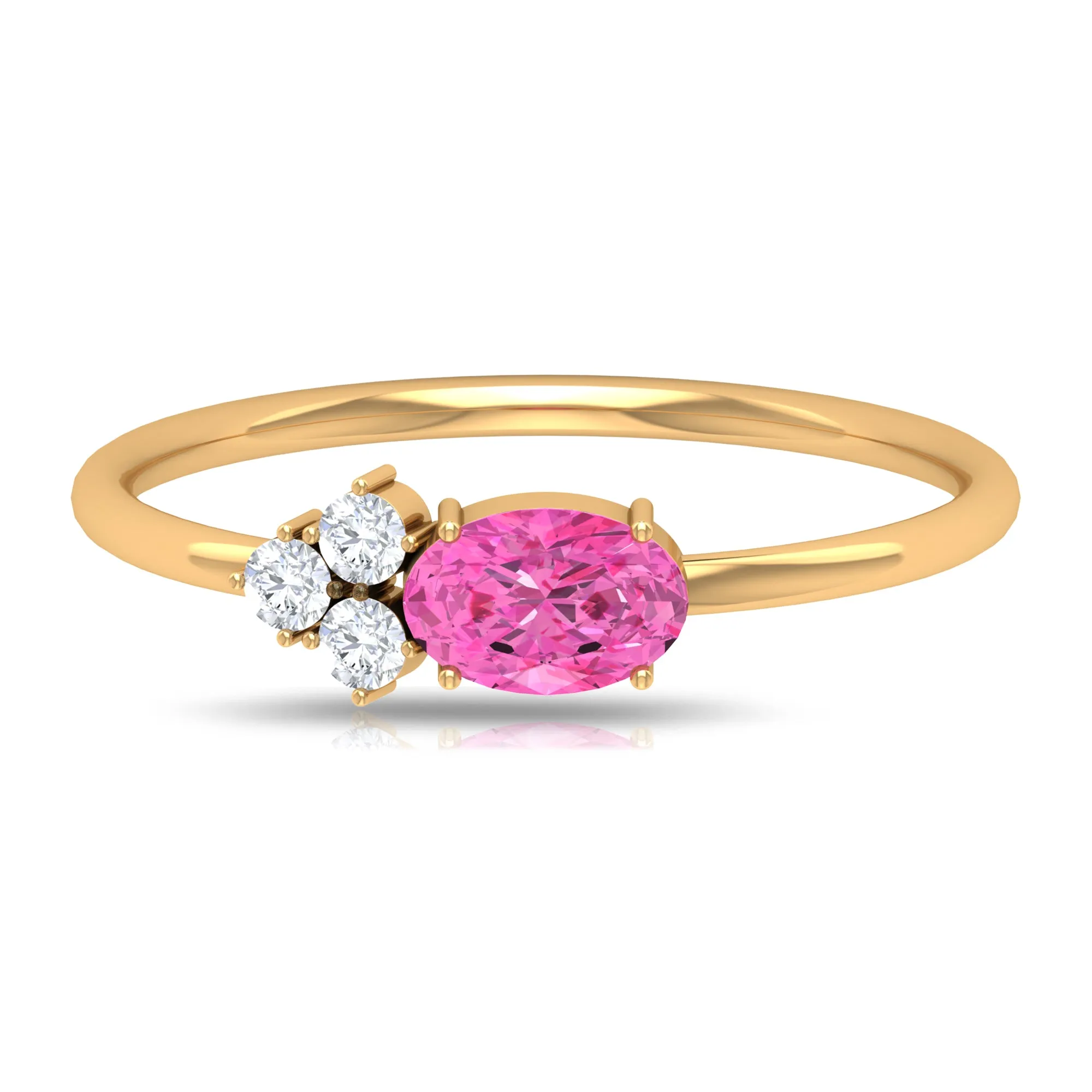 3/4 CT Oval Cut Pink Sapphire Promise Ring with Diamond Trio