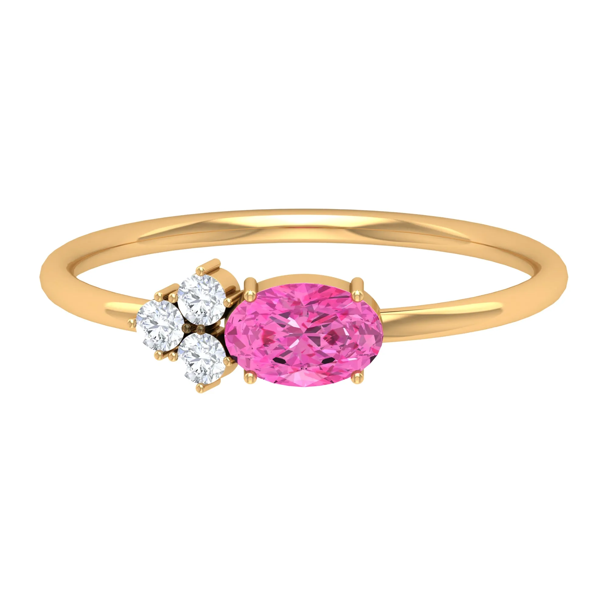 3/4 CT Oval Cut Pink Sapphire Promise Ring with Diamond Trio