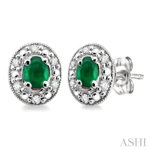 4x3mm Oval Shaped Emerald and 1/10 Ctw Single Cut Diamond Earrings in 10K White Gold