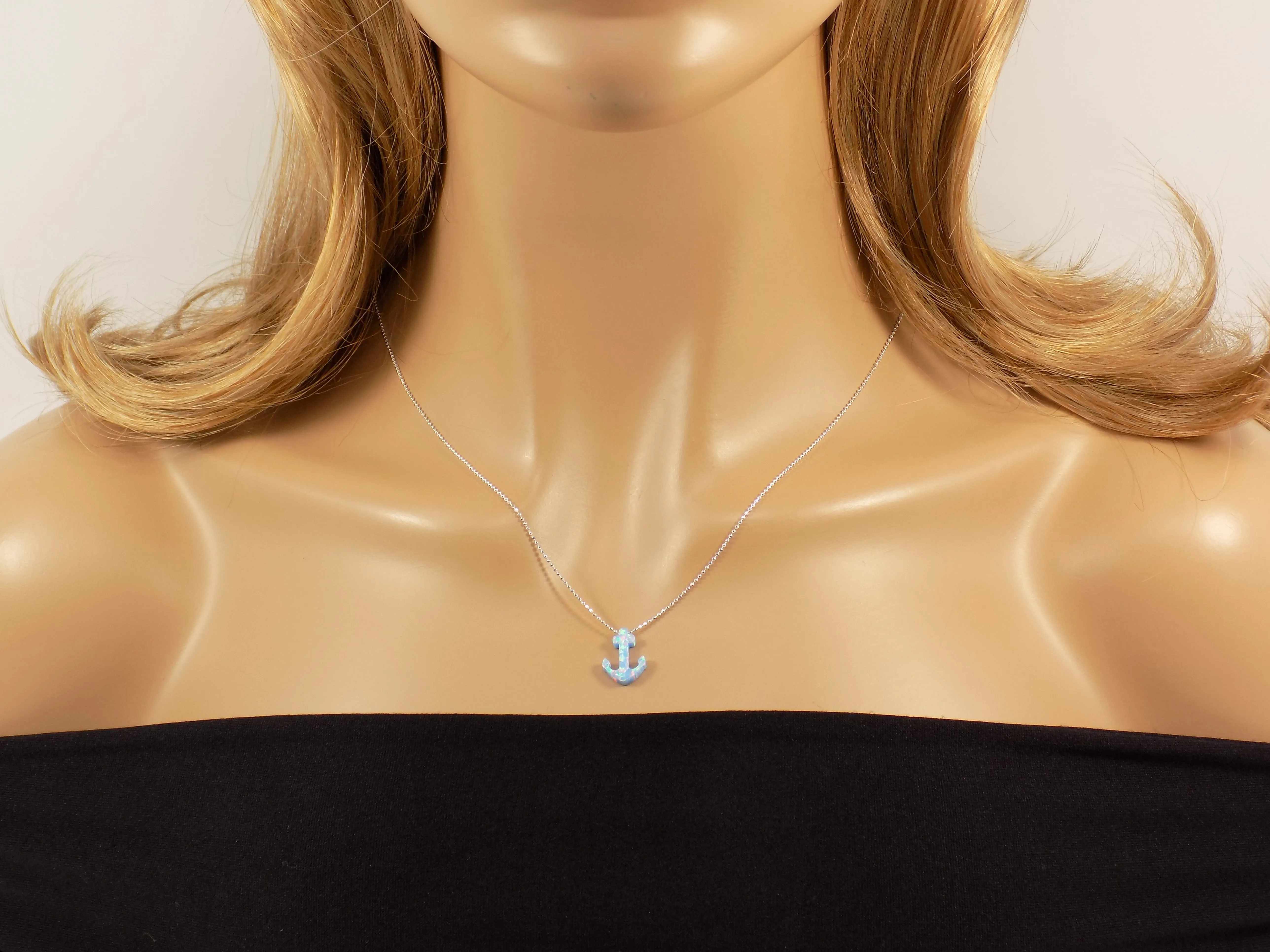 Anchor Necklace Blue Opal Anchor Charm 925 Sterling Silver Bead Chain