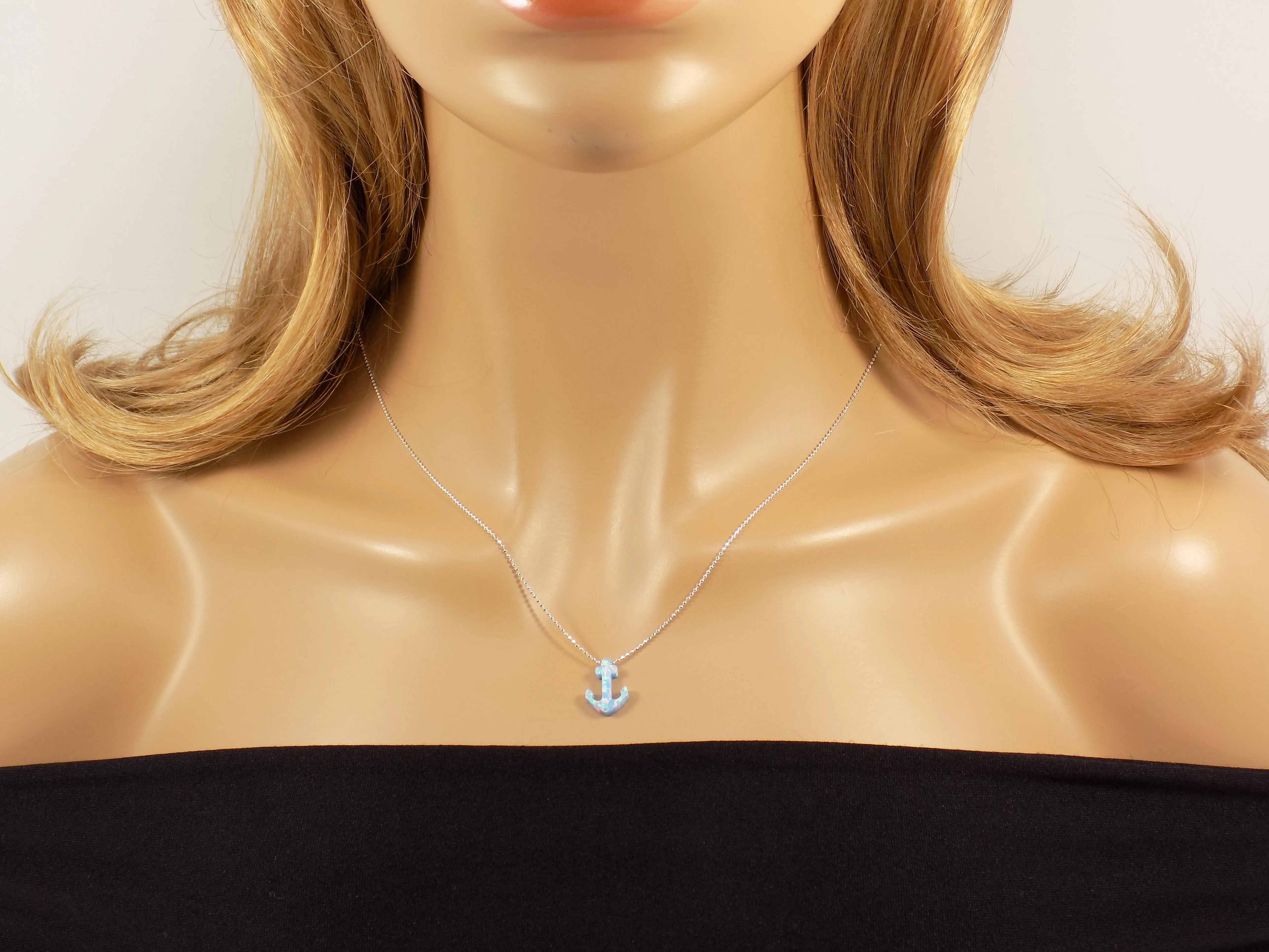 Anchor Necklace Blue Opal Anchor Charm 925 Sterling Silver Bead Chain