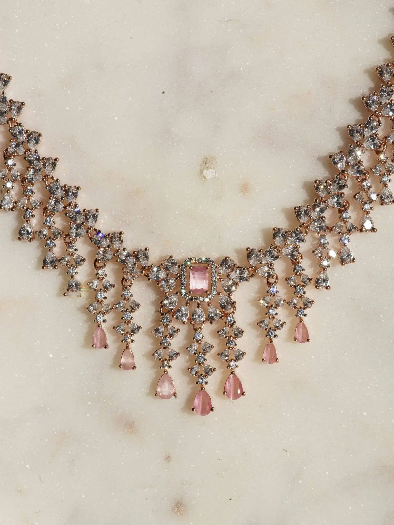 Anne - Diamante Accent Rose Gold Necklace Set with Earrings