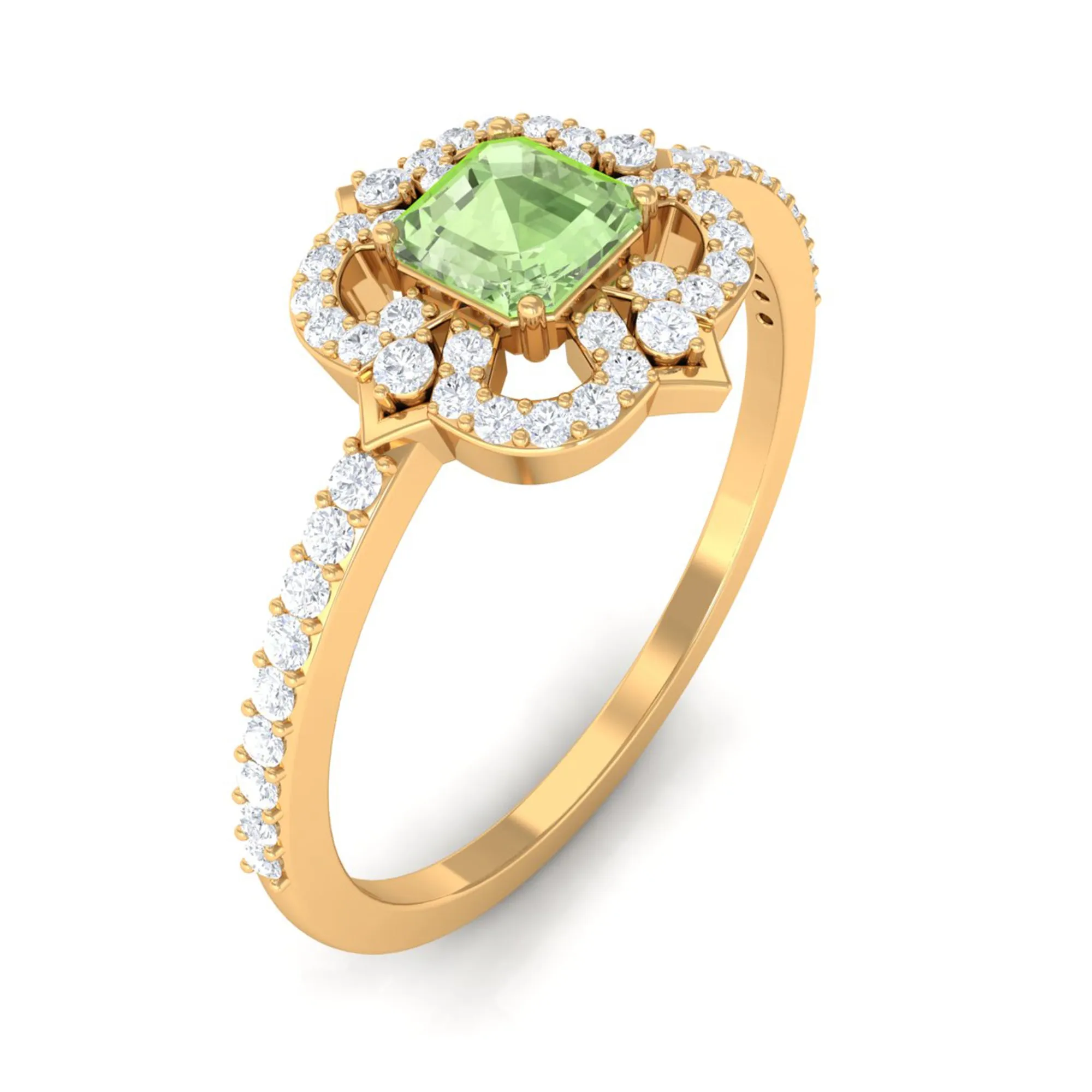 Asscher Cut Created Green Sapphire Statement Engagement Ring with Diamond Halo