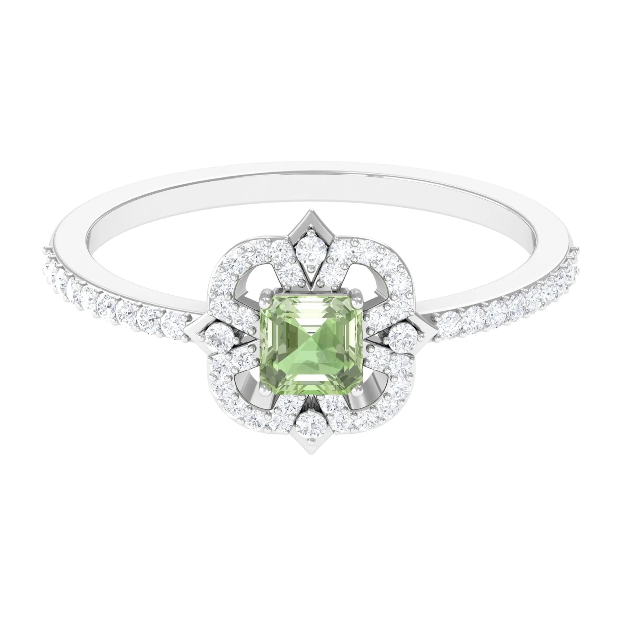 Asscher Cut Created Green Sapphire Statement Engagement Ring with Diamond Halo