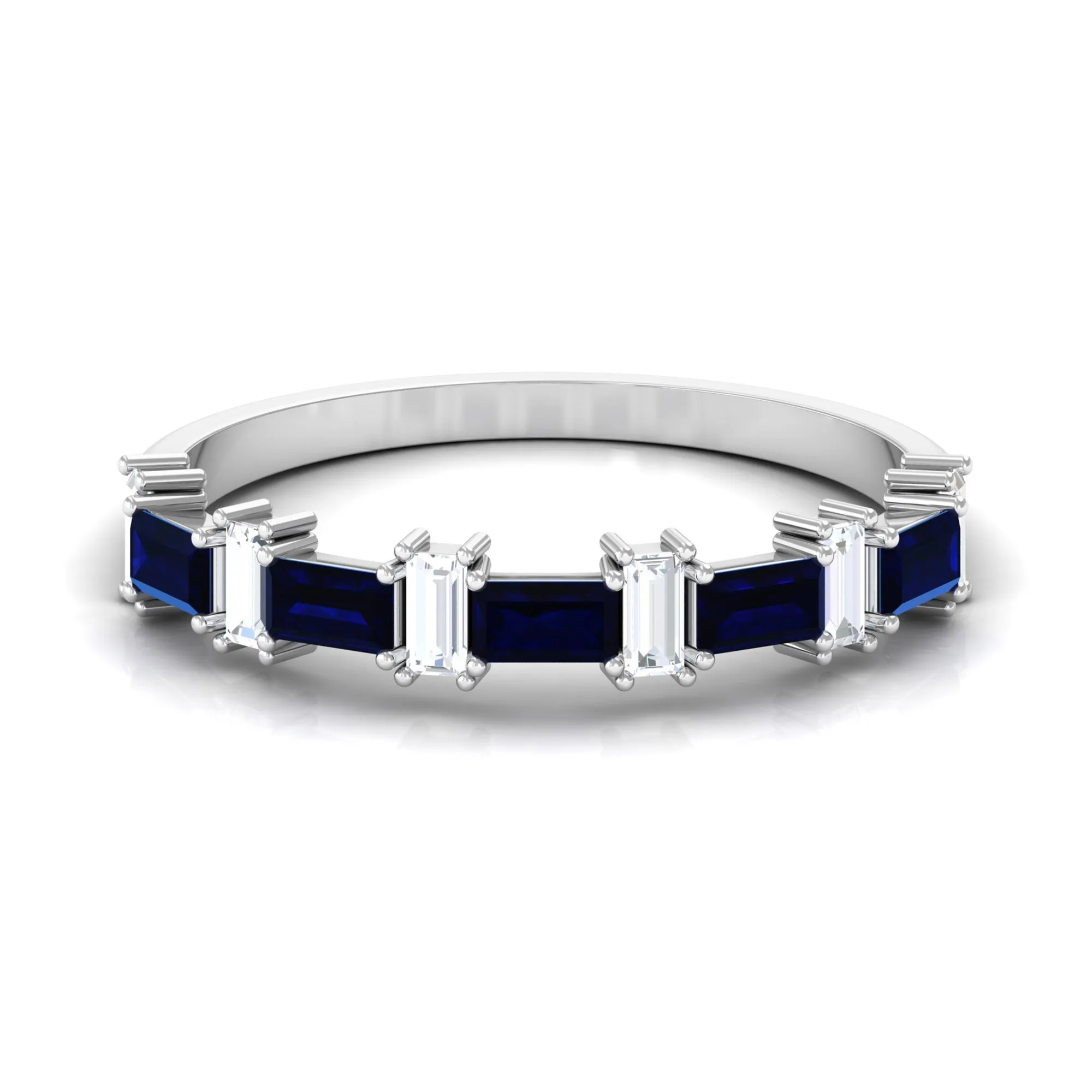 Baguette Cut Created Blue Sapphire and Diamond Half Eternity Ring