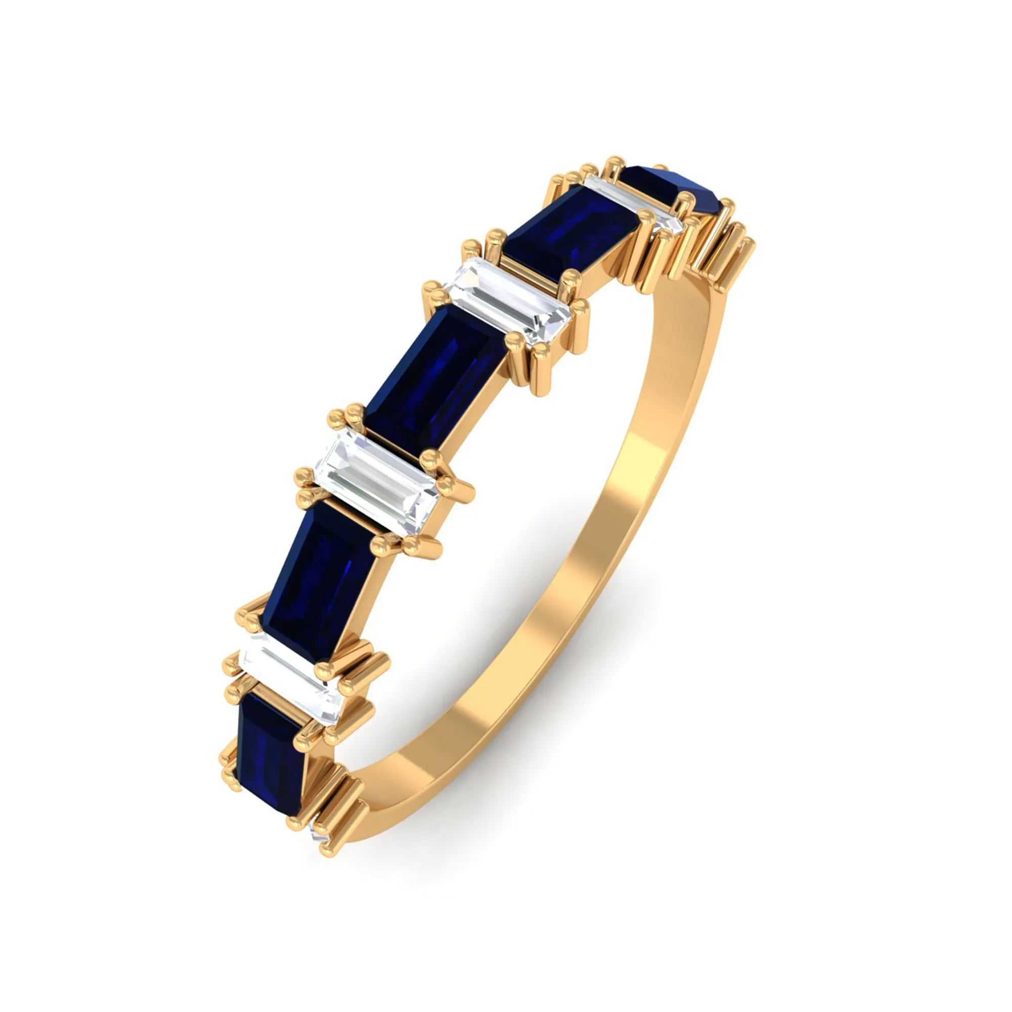 Baguette Cut Created Blue Sapphire and Diamond Half Eternity Ring