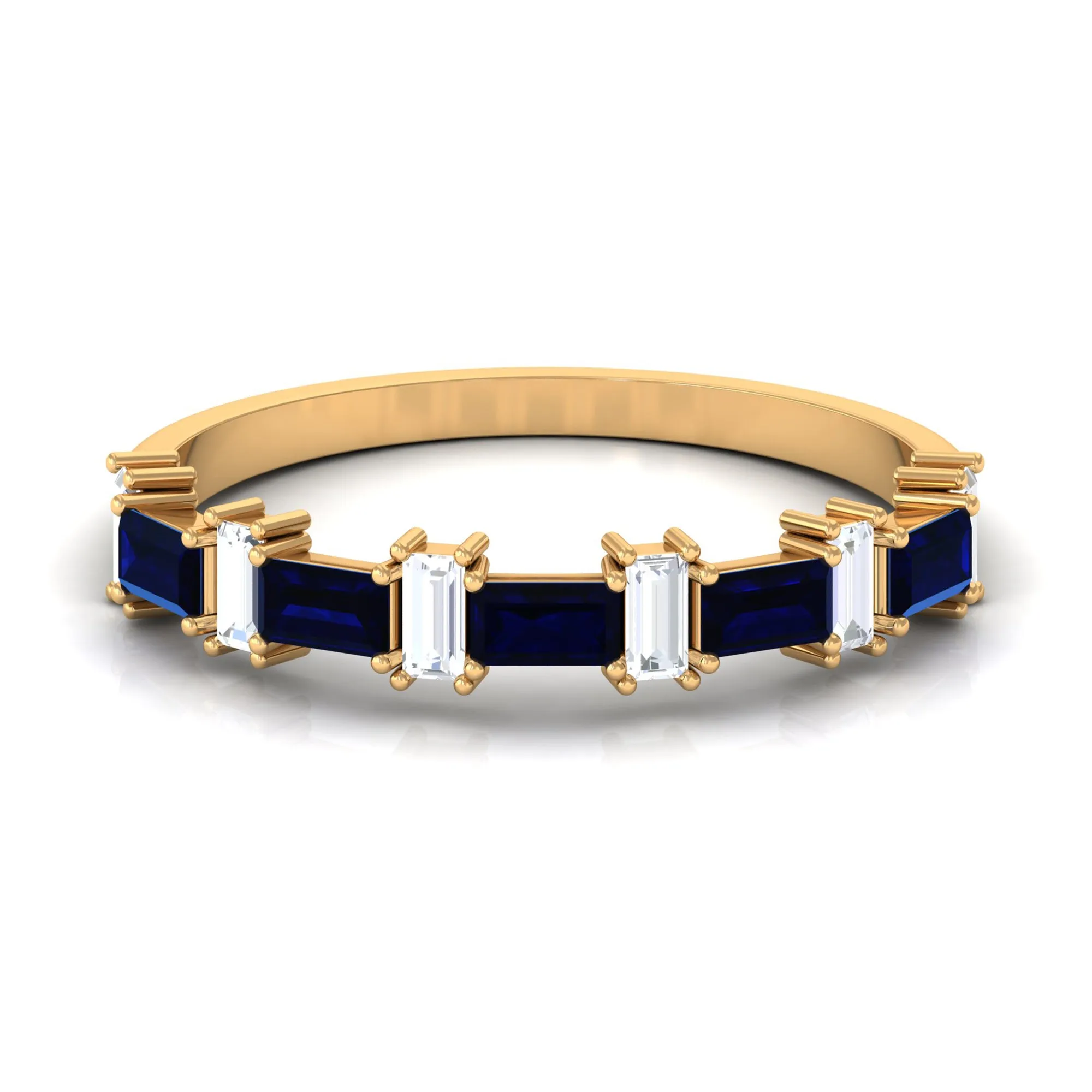 Baguette Cut Created Blue Sapphire and Diamond Half Eternity Ring