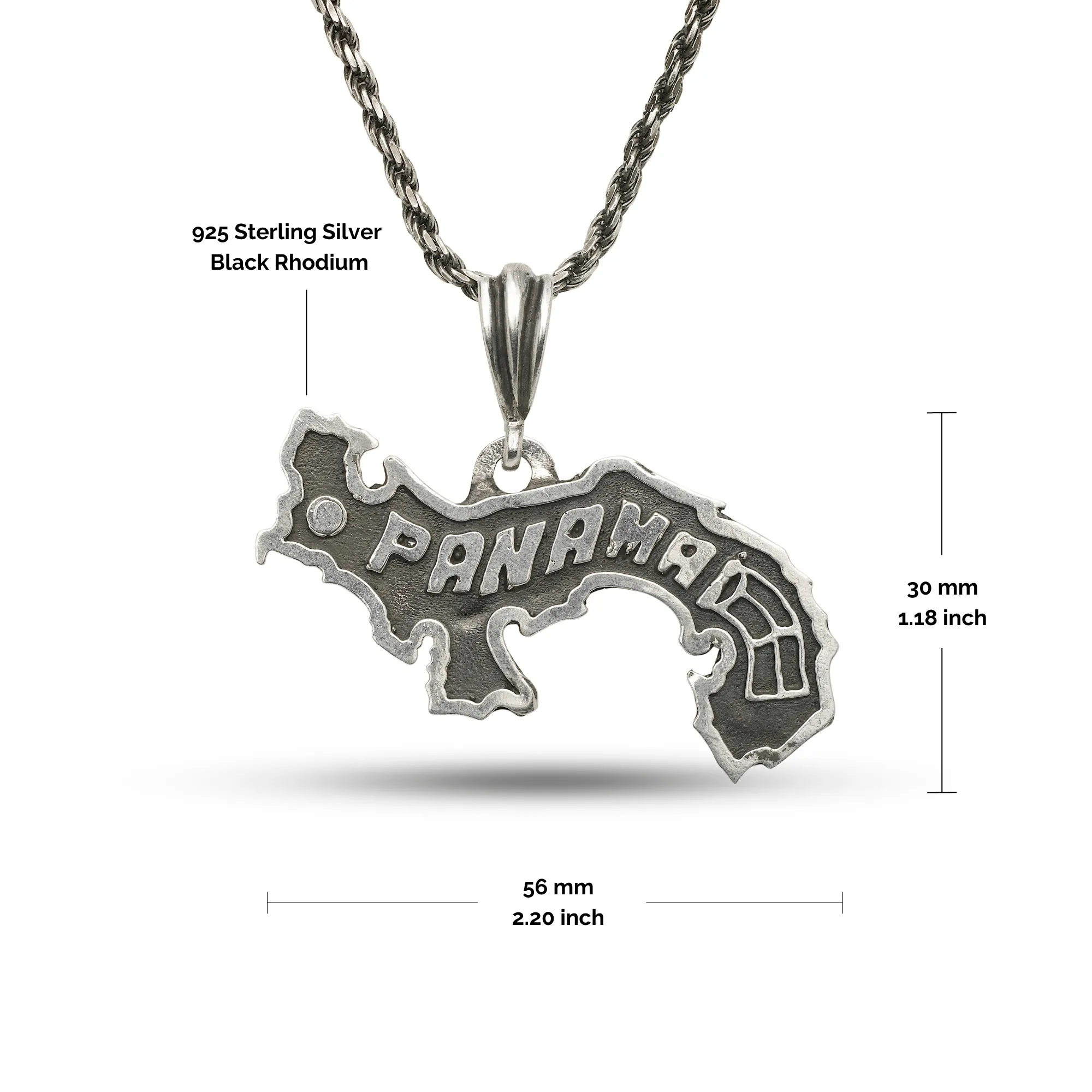 Better Jewelry .925 Sterling Silver Black Oxidised Panama Map Pendant Necklace w. Rope chain