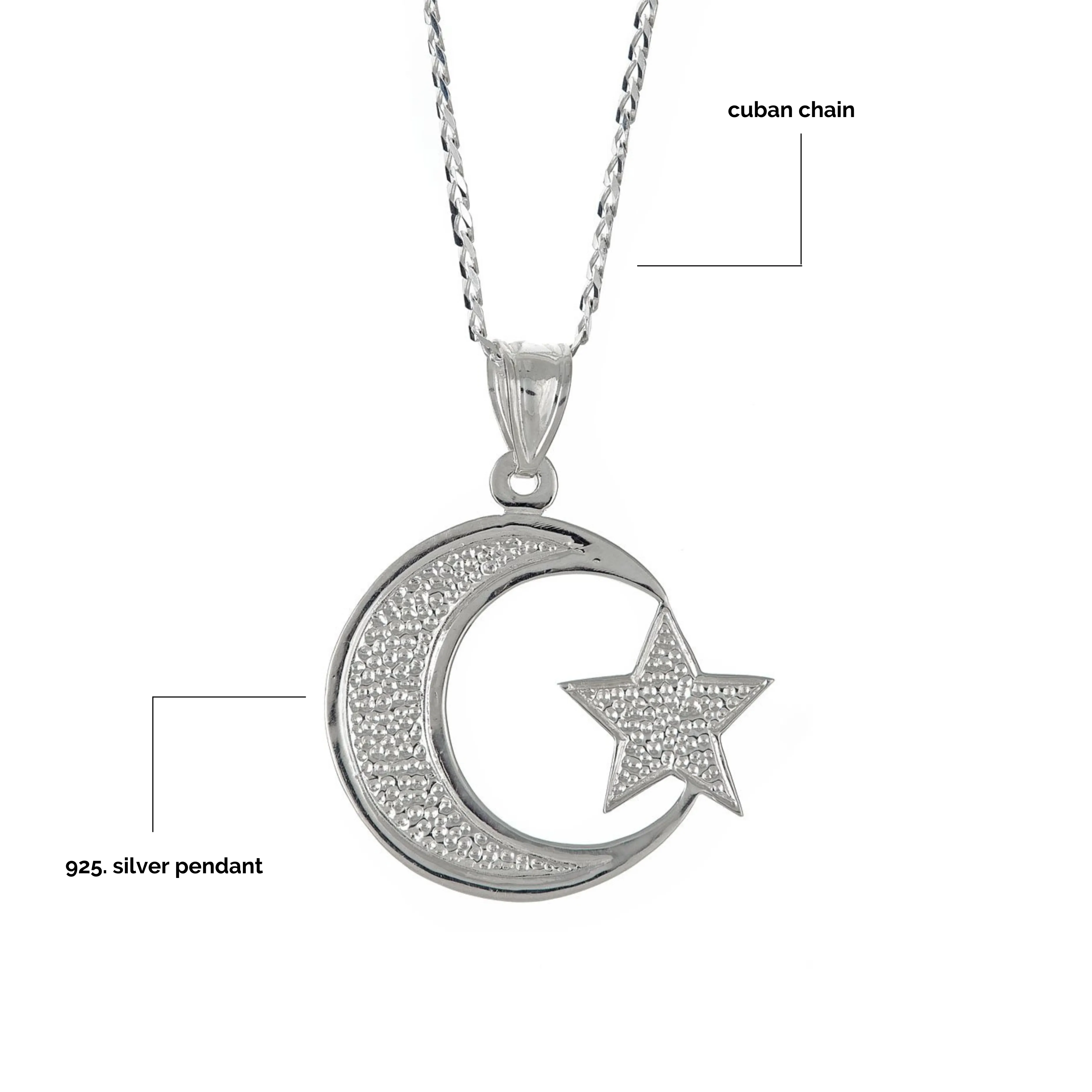 Better Jewelry Sterling Silver .925  Muslim / Islam Crescent Moon   Star Pendant w. Cuban Chain (Made in USA)